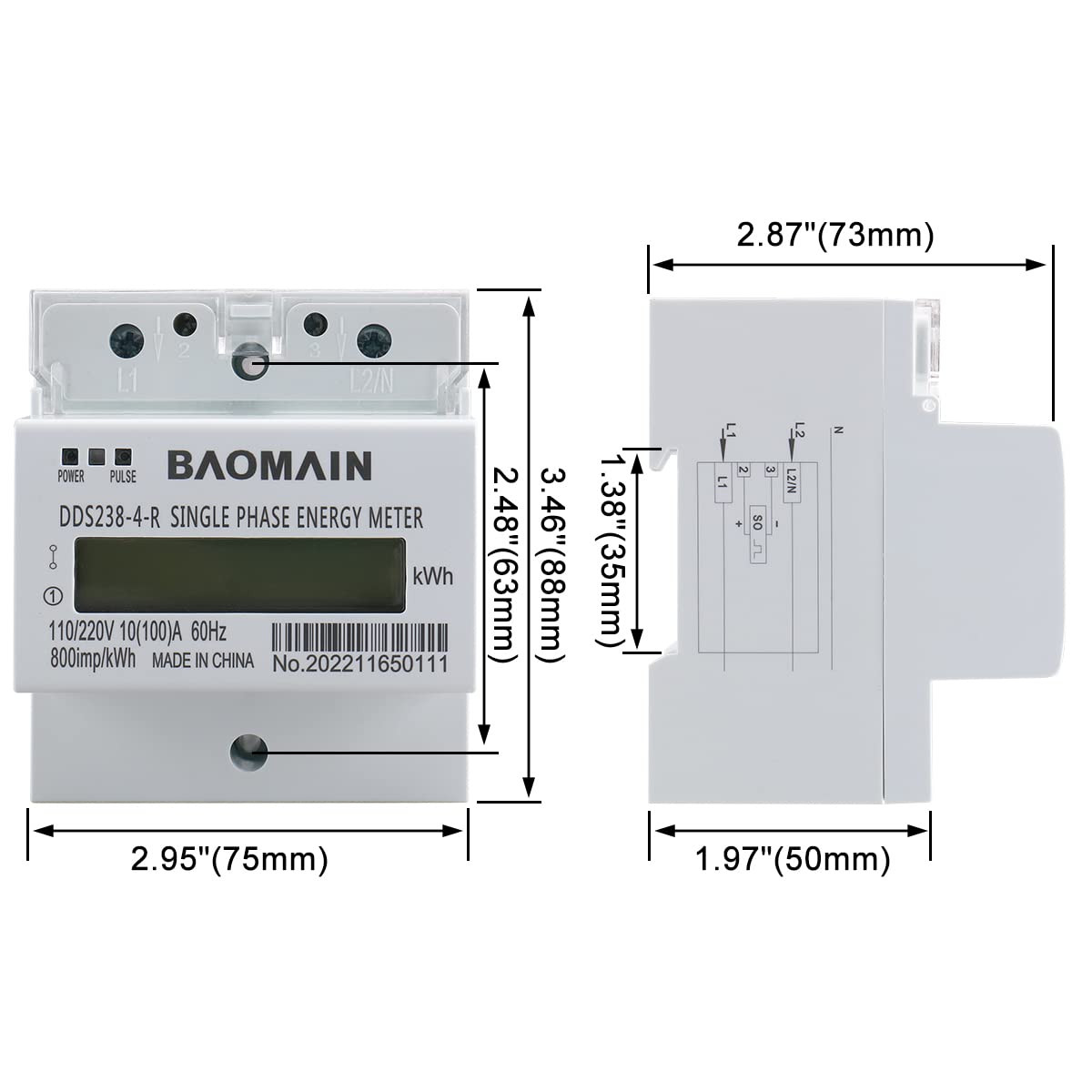 Baomain DDS238-4-R DIN-Rail Single Phase Three Wire Energy Meter 110V 220V 60Hz 10 (100) A - BAOMAIN