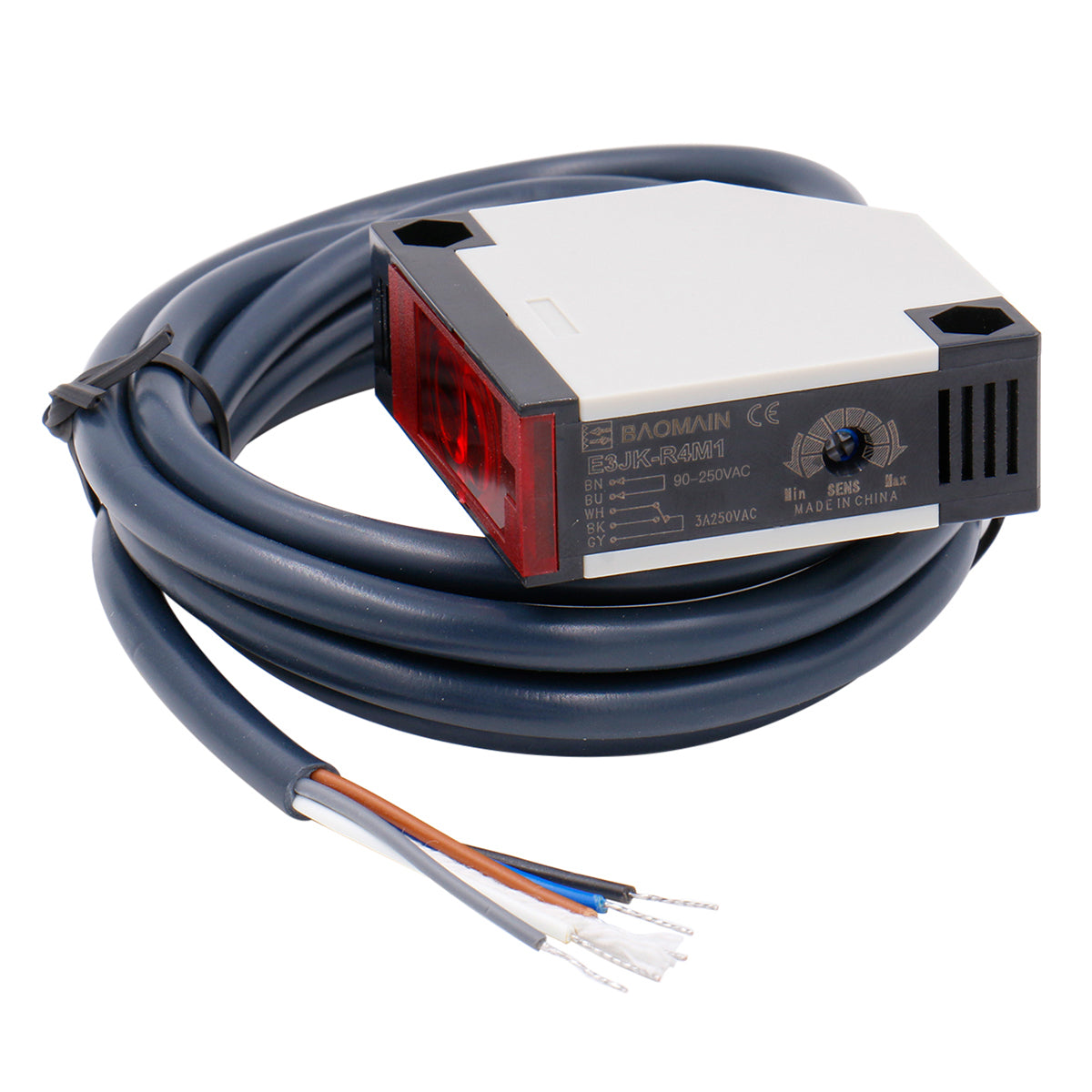 Baomain Photoelectric Beam Sensor E3JK-R4M1 AC 90-250V Retroreflective Photoelectric Sensor Switch Proximity Switch Sensing Distance 4m Indoor Wall Mounted 1.5m Cable