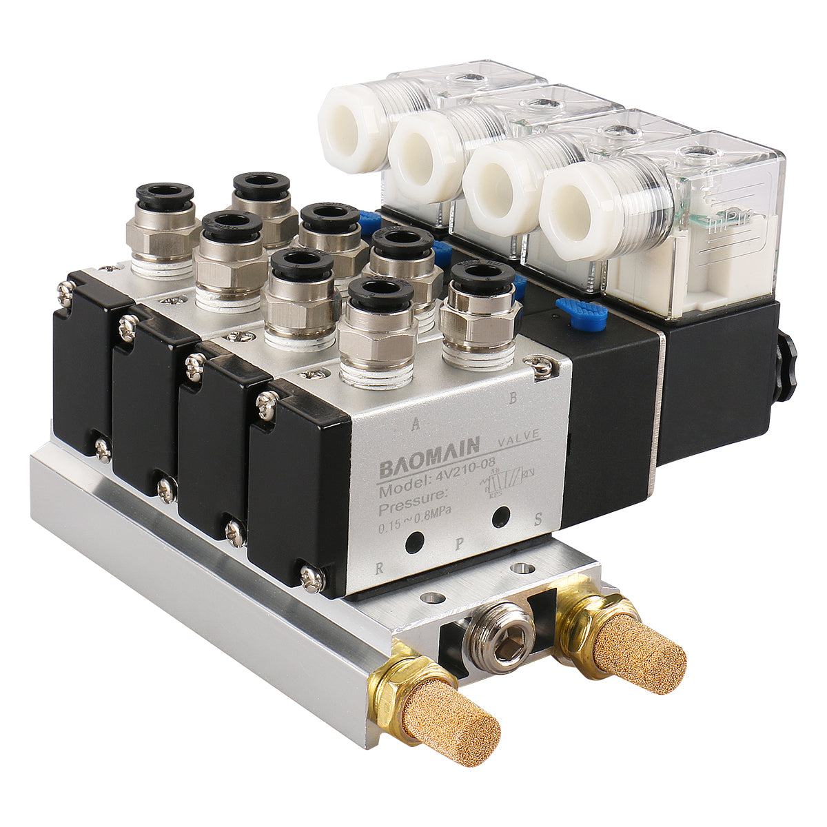 Baomain 4 Space Pneumatic Solenoid Valve 4V210-08 Single Head 2 Position 5 Way with Base Muffler Quick Fittings Set - BAOMAIN