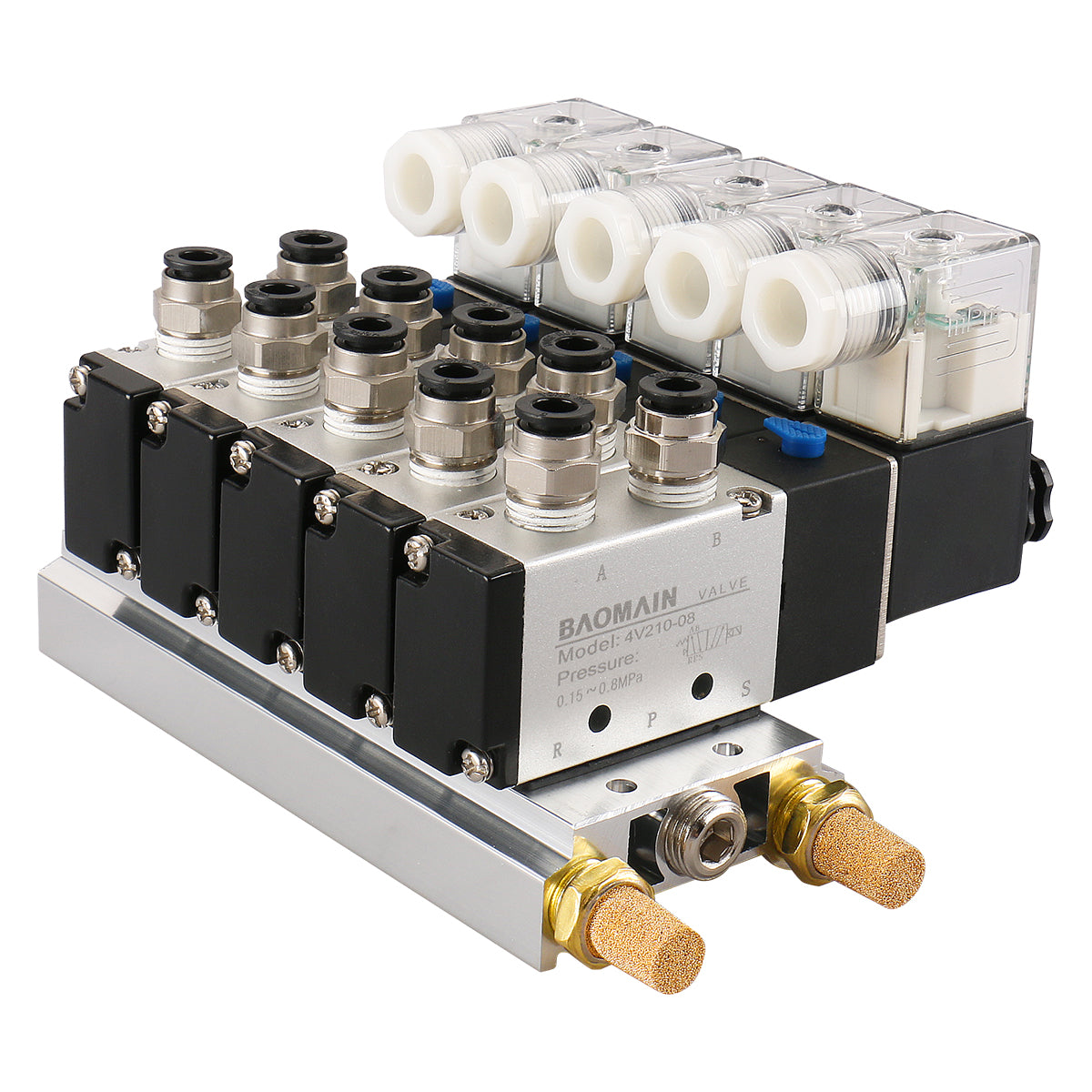 Baomain 5 Integriertes Magnetventil 4V210-08 PT1/4 2 Positionen 5 Wege Basis Schalldämpfer Schnellverschraubungen Set