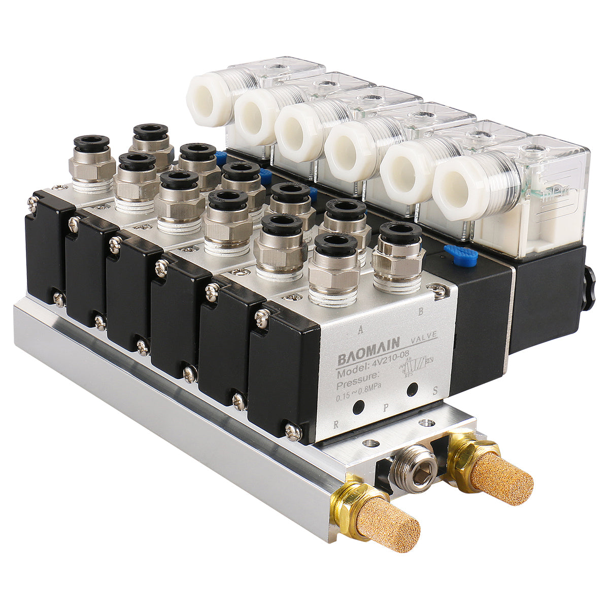 Baomain 6 Space Pneumatic Solenoid Valve 4V210-08 Single Head 2 Position 5 Way with Base Muffler Quick Fittings Set - BAOMAIN