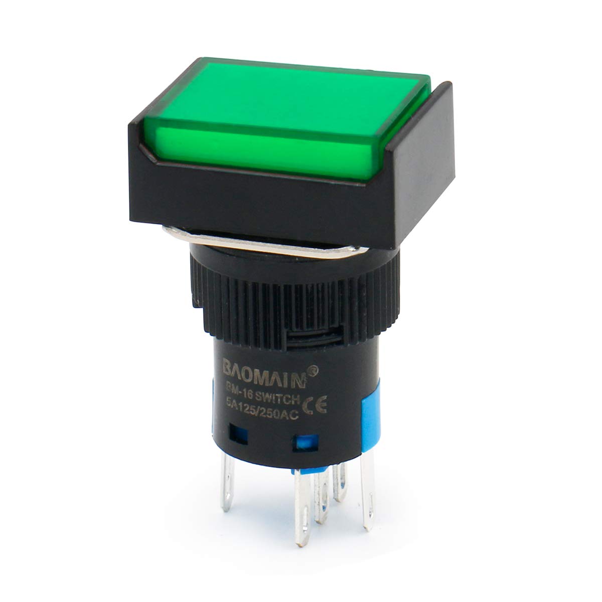 Baomain 16mm Green Momentary Push Button Switch Rectangular Cap Green LED Lamp SPDT 5 Pin Pack of 5 - BAOMAIN