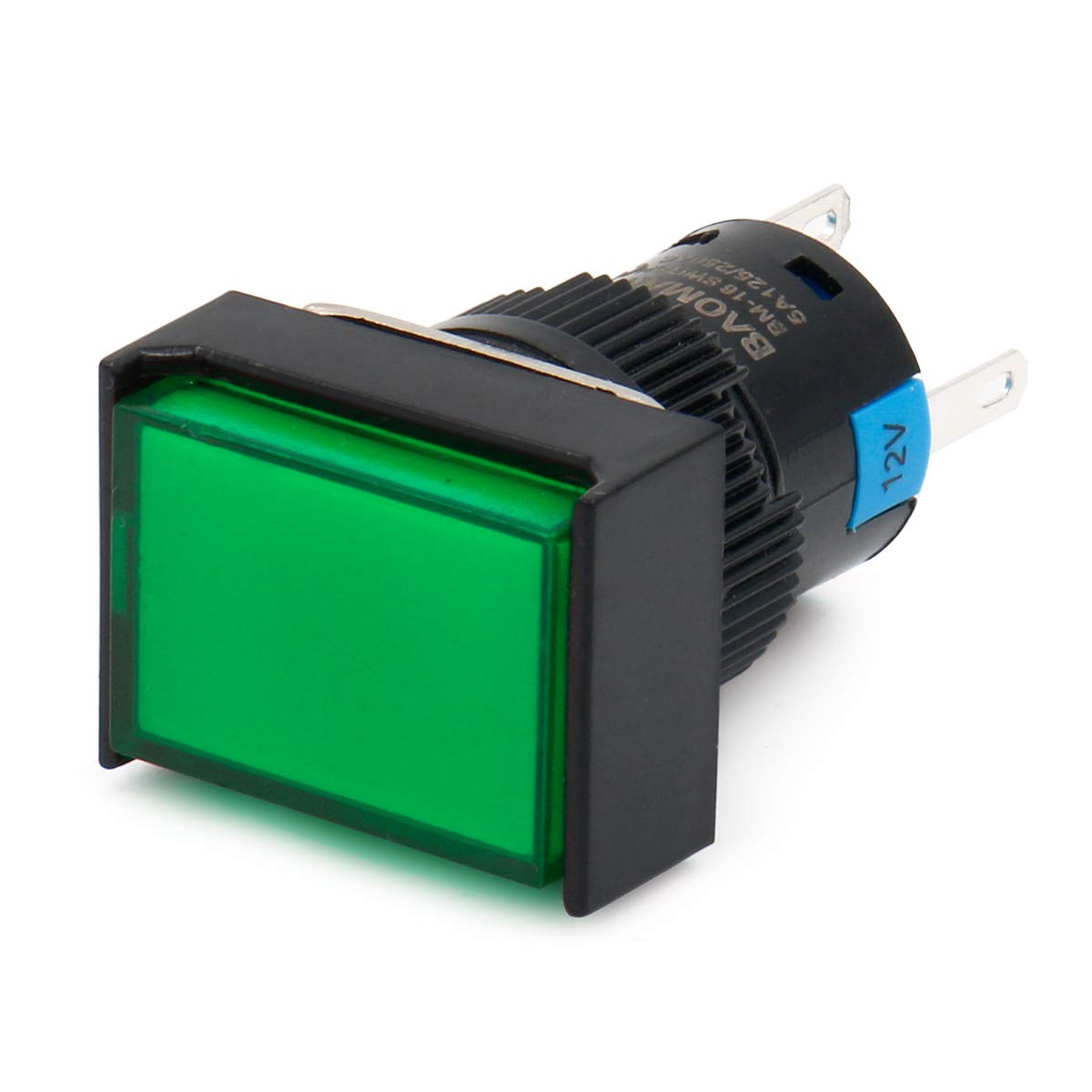 Baomain 16mm Green Momentary Push Button Switch Rectangular Cap Green LED Lamp SPDT 5 Pin Pack of 5 - BAOMAIN