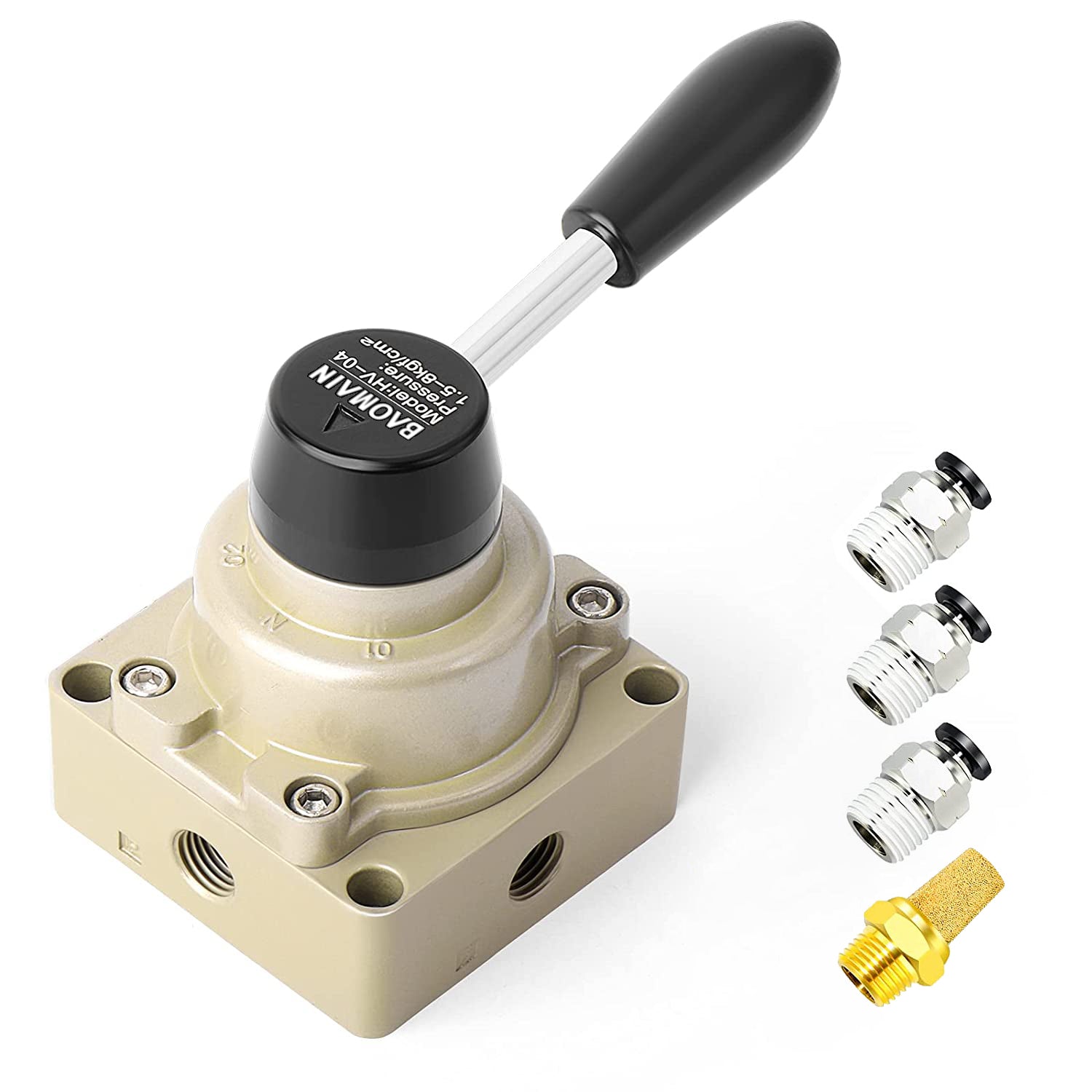 Baomain Rotary Lever Hand Valve HV-04 PT 1/2" Air Flow Control 3 Position 4 Way Controls Air Flow On or Off