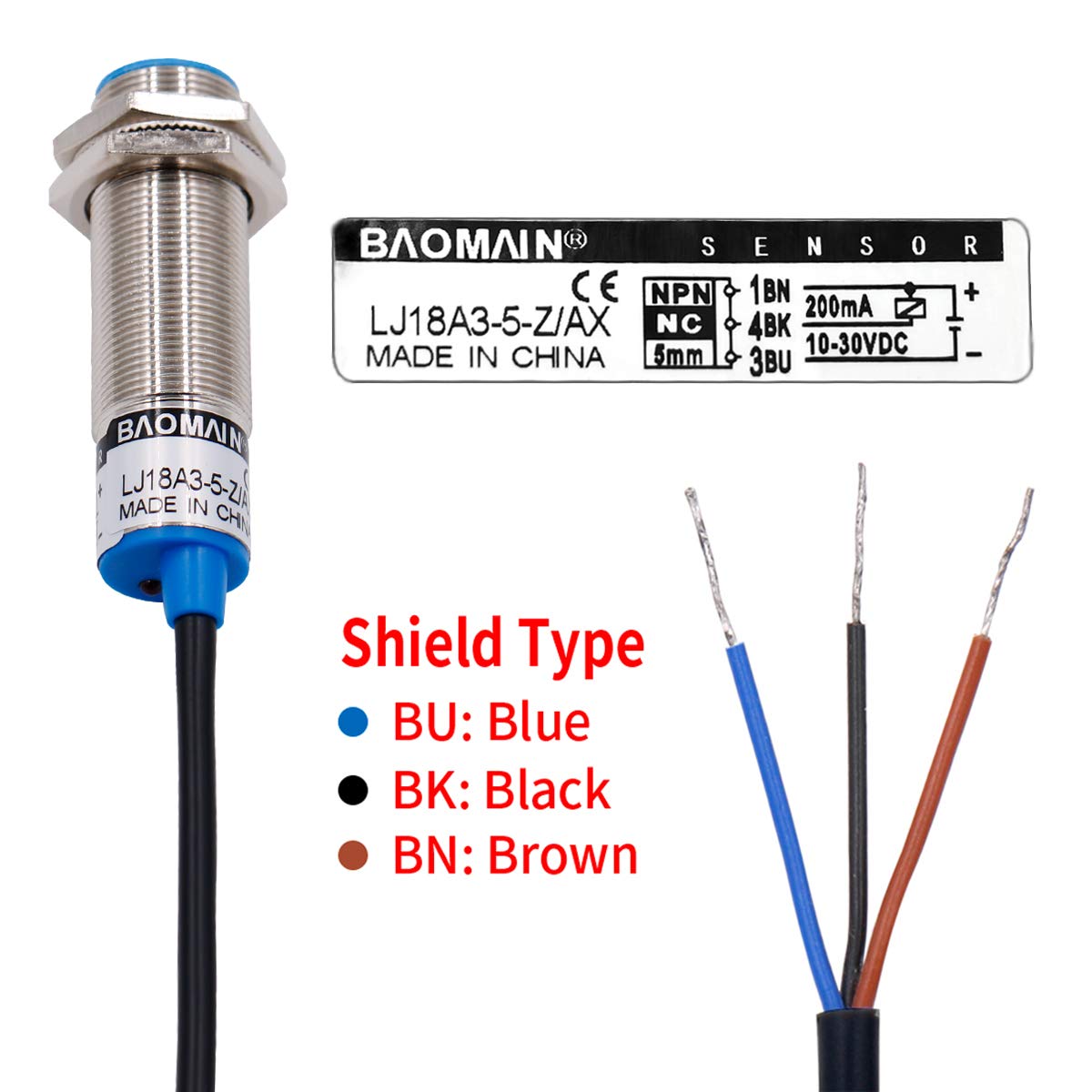 Baomain M18 Embedded Sensor Inductive Proximity Switch LJ18A3-5-Z/AX NPN NC DC 10-30V, 5mm Detecting Distance 3 wire - BAOMAIN