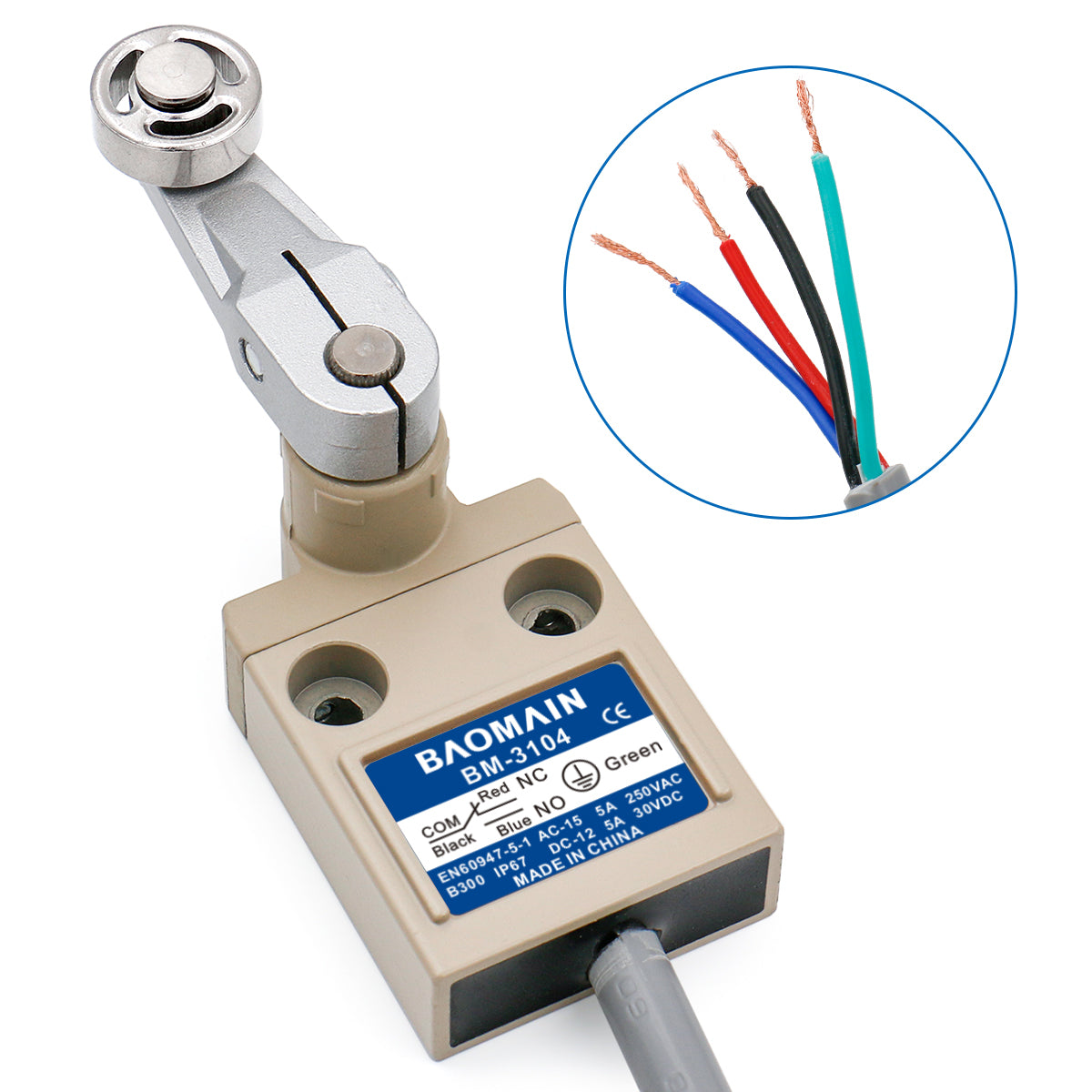 Baomain Limit Switch BM-3104(TZ-3104) Roller Lever Plunger Momentary SPDT NO+NC IP67 Waterproof - BAOMAIN