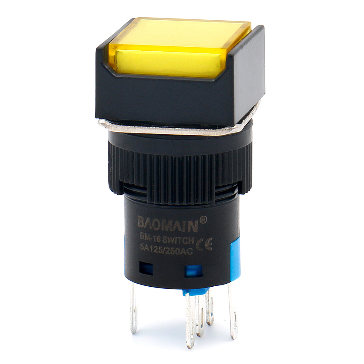 Baomain 16 mm Rastdruckschalter, quadratische Kappe, gelbe LED-Lampe, 12 V/24 V/110 V/220 V, SPDT, 5-polig, 5 Stück