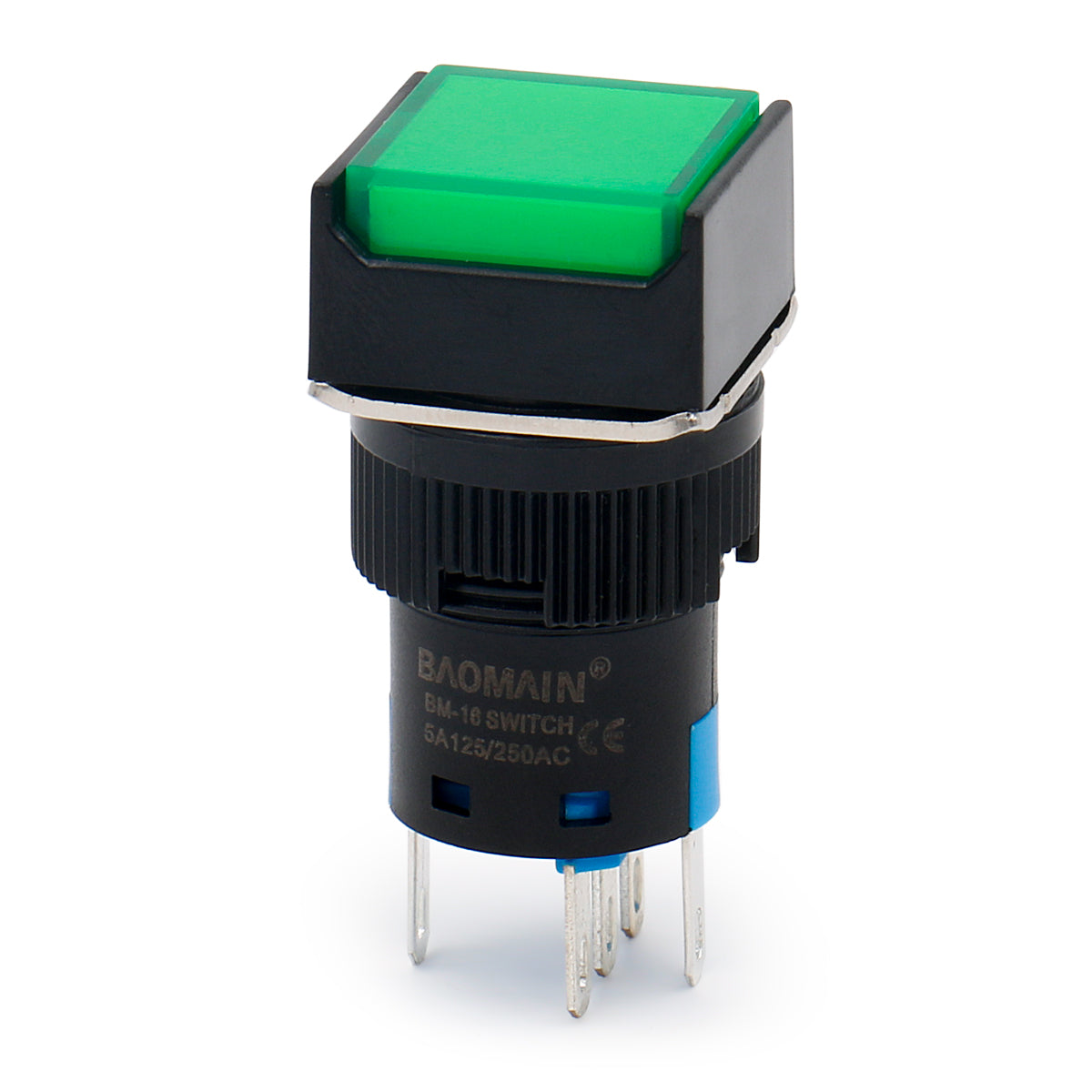Baomain 16 mm Momentaner Druckschalter mit quadratischer Kappe, grüne LED-Lampe, 5 V/12 V/24 V/110 V/220 V, SPDT, 5-polig