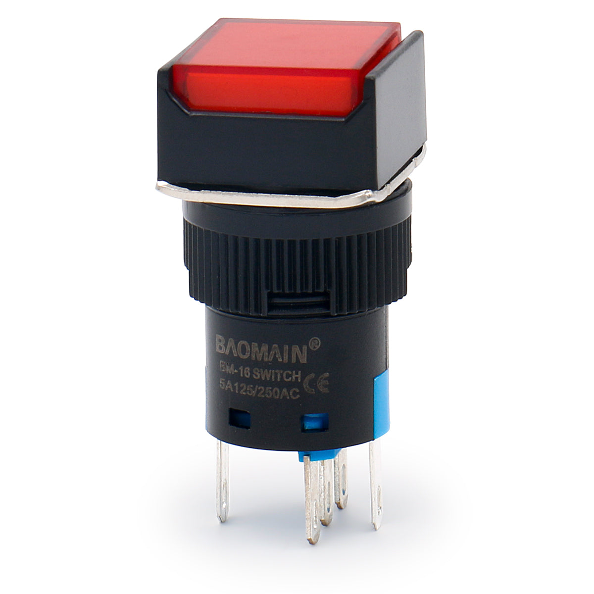 Baomain 16 mm Momentan-Druckknopfschalter, quadratische Kappe, rote LED-Lampe, 5 V/12 V/24 V/110 V/220 V, SPDT, 5-polig, 5 Stück