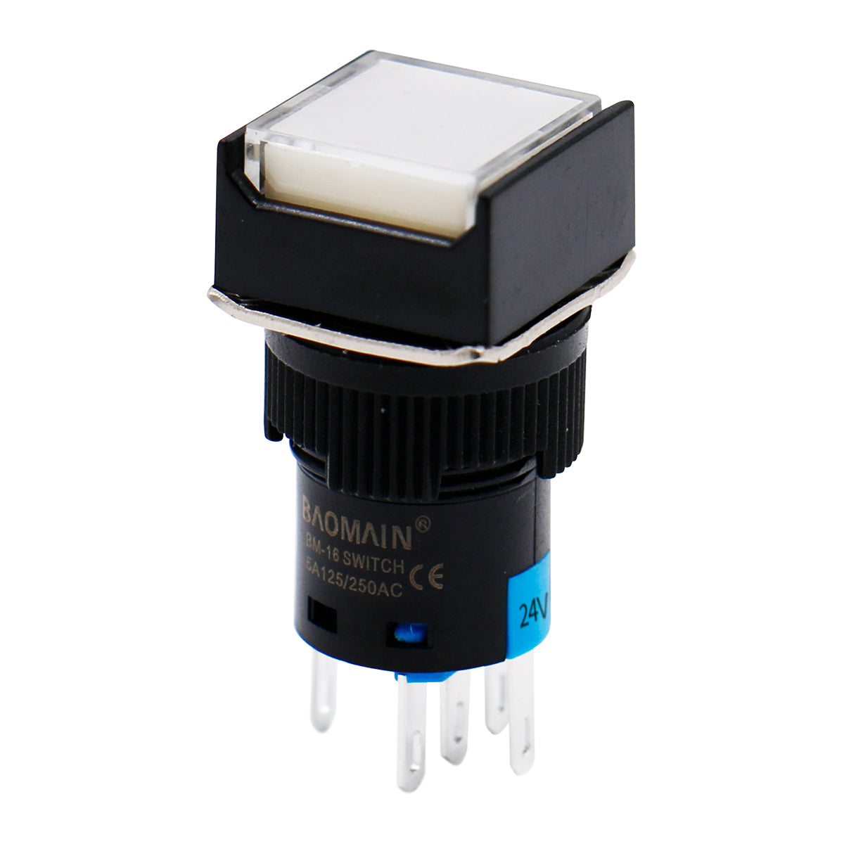 Baomain 16 mm Momentan-Druckknopfschalter, quadratische Kappe, weiße LED-Lampe, 12 V/24 V/110 V/220 V, SPDT, 5-polig, 5 Stück
