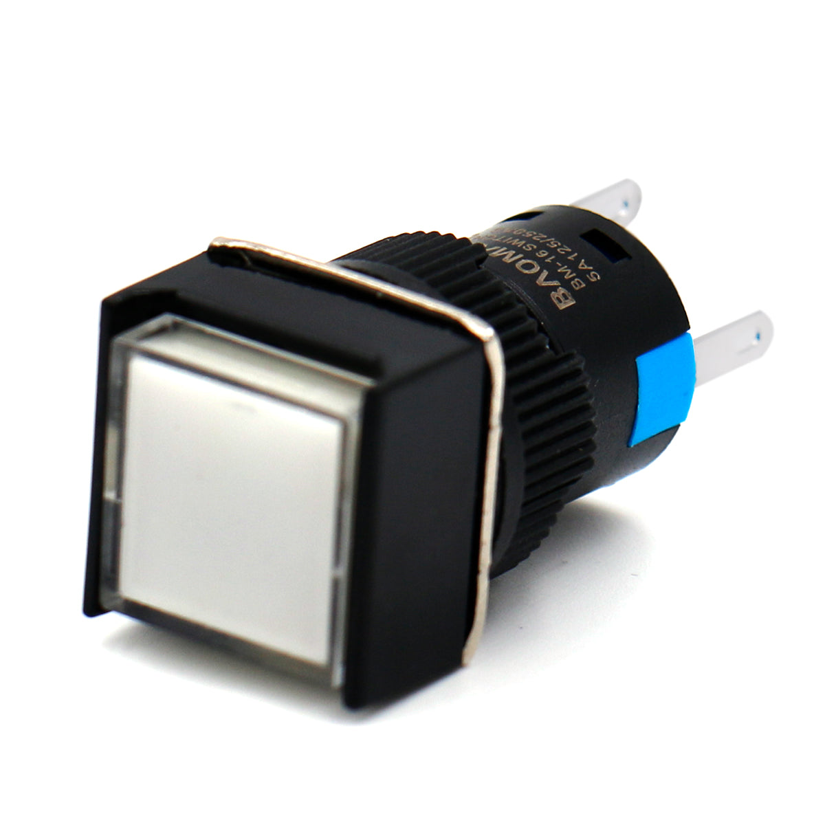 Baomain 16 mm Momentan-Druckknopfschalter, quadratische Kappe, weiße LED-Lampe, 12 V/24 V/110 V/220 V, SPDT, 5-polig, 5 Stück