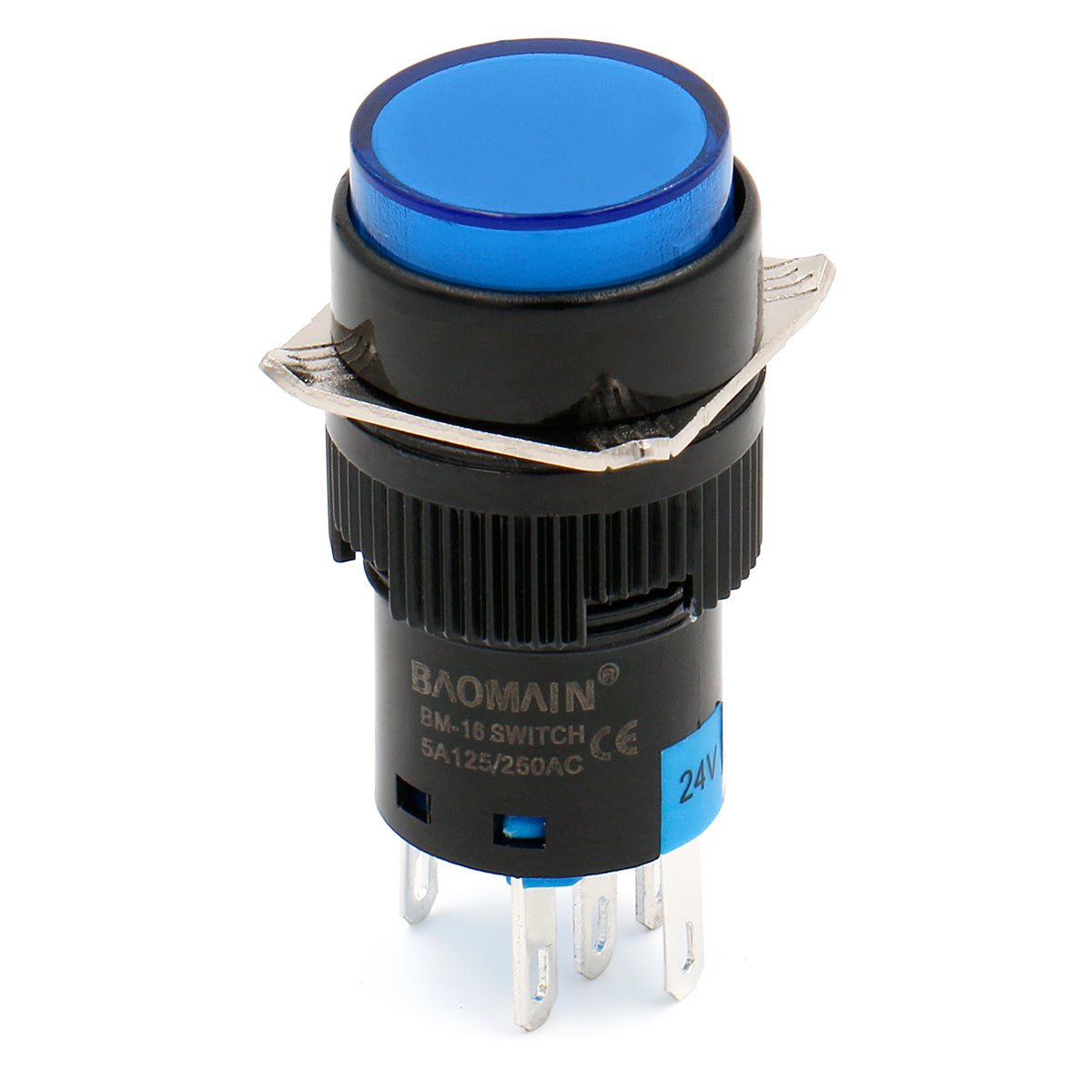 Baomain 16 mm runder, momentaner blauer Druckknopfschalter, 12 V/24 V/110 V/220 V, blaue LED-Lampe, SPDT, 5-polig, 5 Stück