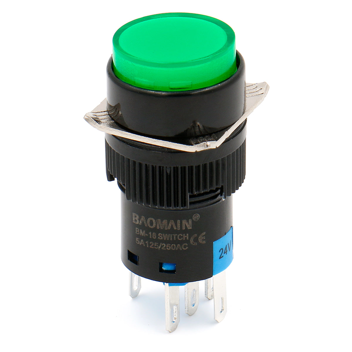 Baomain 16 mm runder, momentaner grüner Druckknopfschalter, 12 V/24 V/110 V/220 V, grüne LED-Lampe, SPDT, 5-polig, 5 Stück