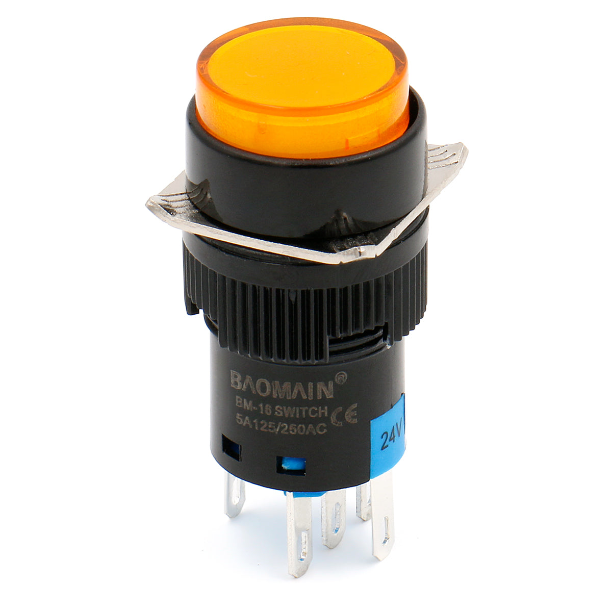 Baomain 16 mm runder, momentaner, orangefarbener Druckknopfschalter, 12 V/24 V/110 V/220 V, orange LED-Lampe, SPDT, 5-polig, 5 Stück
