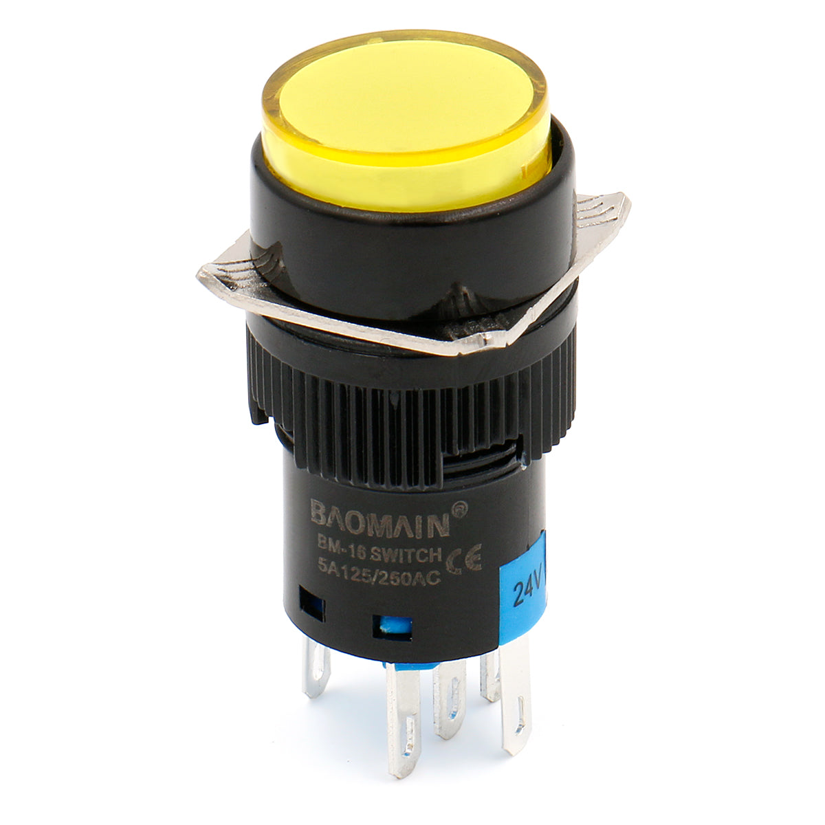 Baomain 16 mm runder, momentaner gelber Druckknopfschalter, 12 V/24 V/110 V/220 V, gelbe LED-Lampe, SPDT, 5-polig, 5 Stück
