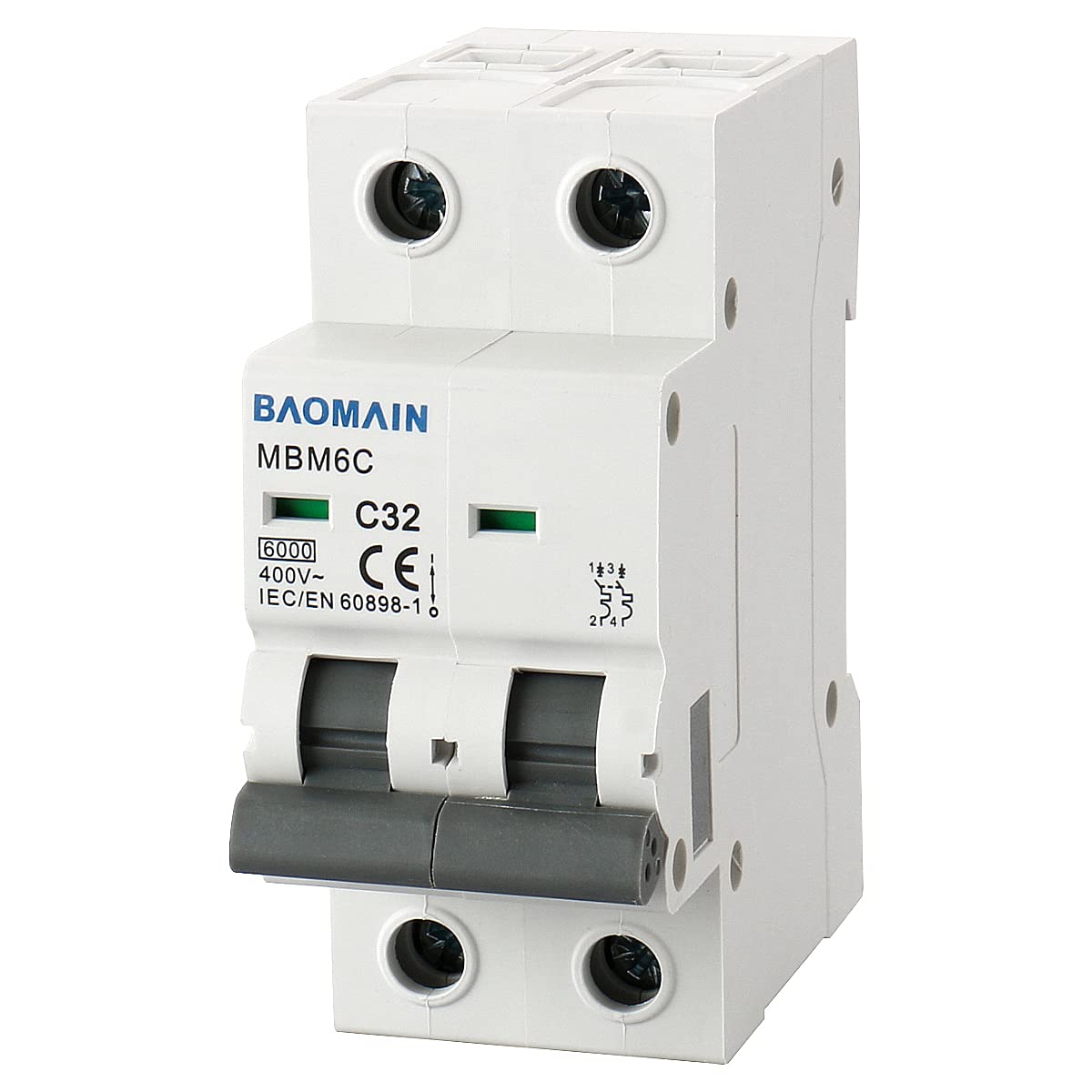 Baomain Miniature Circuit Breaker MCB Low Voltage 32 Amp, 2 Poles 400V, 6000A 35mm DIN Rail Mount - BAOMAIN