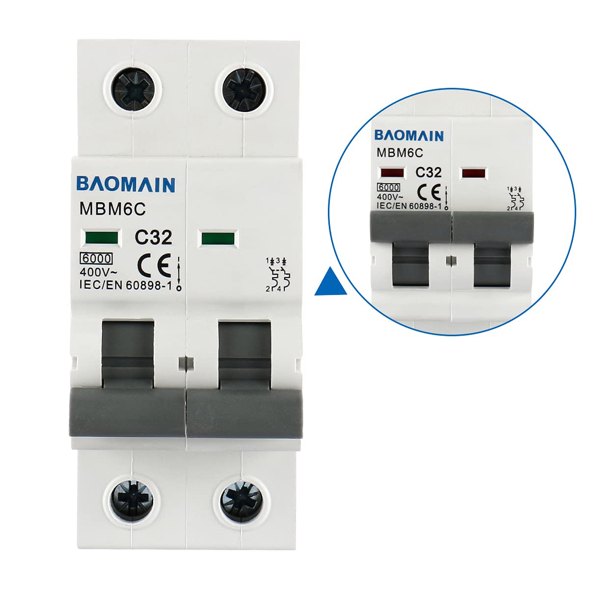 Baomain Miniature Circuit Breaker MCB Low Voltage 32 Amp, 2 Poles 400V, 6000A 35mm DIN Rail Mount - BAOMAIN