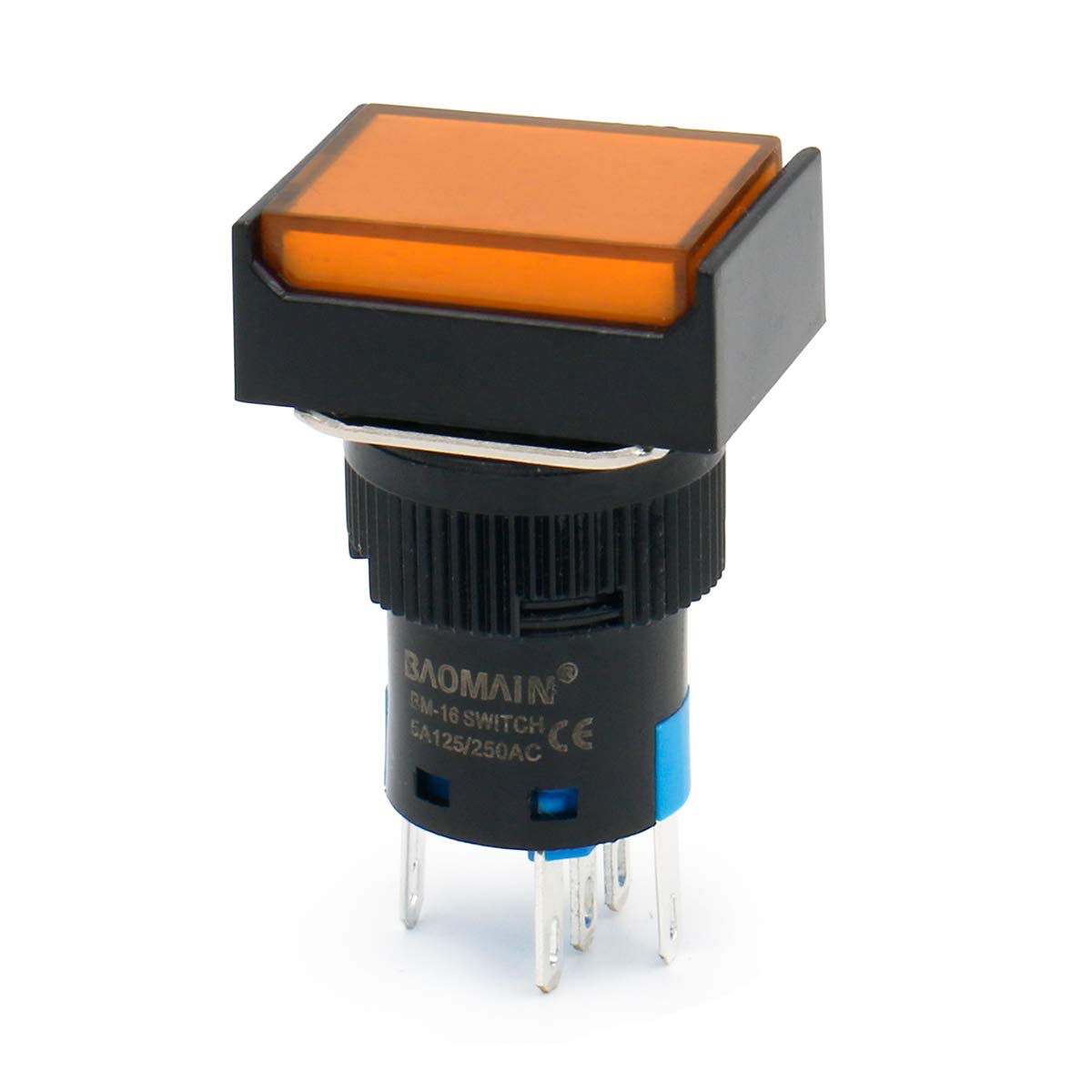Baomain 16mm Orange Momentary Push Button Switch Rectangular Cap Orange LED Lamp SPDT 5 Pin Pack of 5 - BAOMAIN