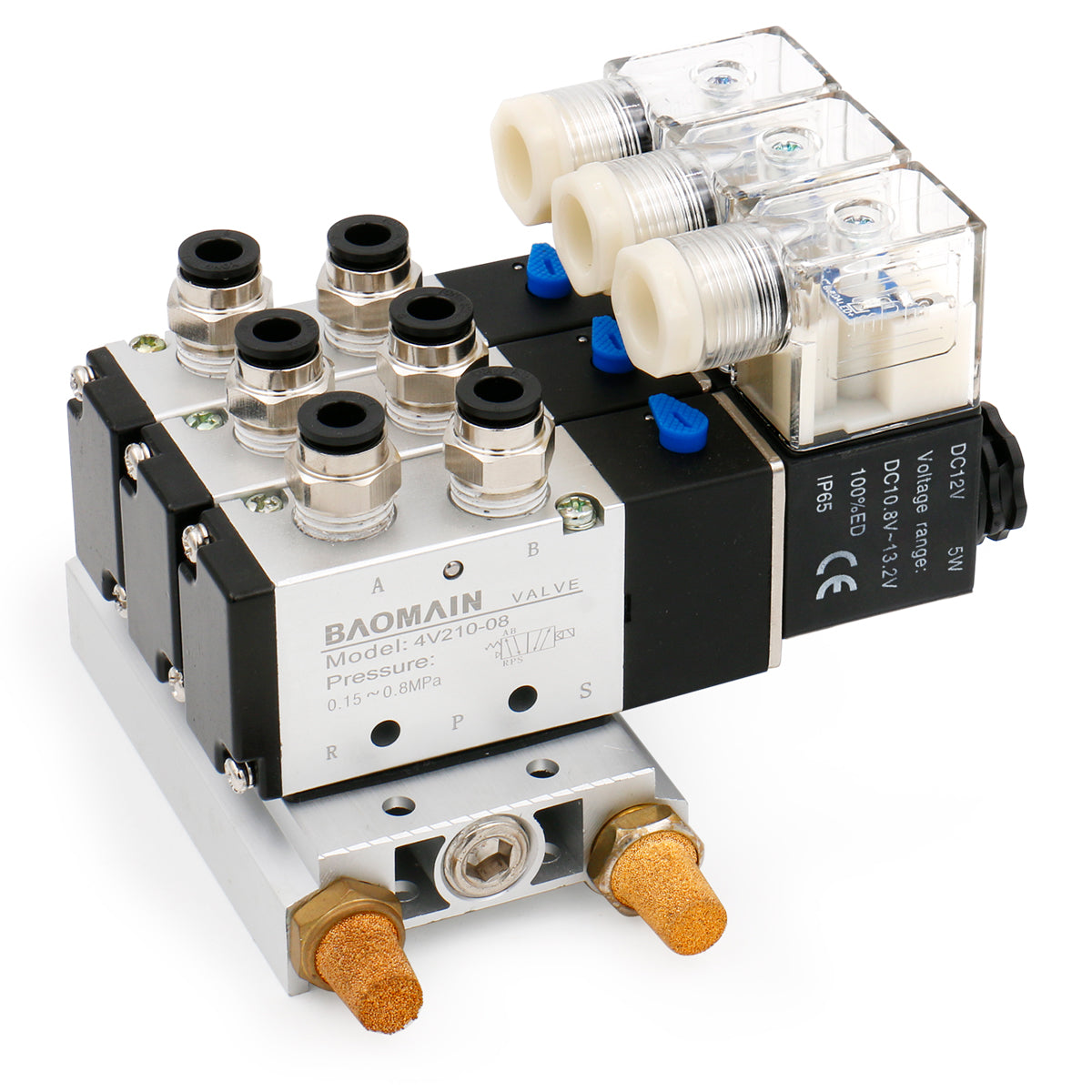 Baomain 3 Space Pneumatic 1/4"PT Solenoid Valve 4V210-08 12V/24V/110V/220V Single Coil Pilot-Operated Electric 2 Position 5 Way Connection Type with Base Muffler - BAOMAIN
