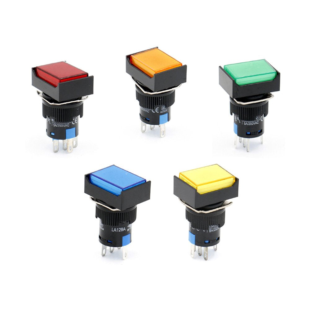 Baomain Push Button Switch Momentary Rectangular Cap LED Lamp Red Yellow Orange Blue Green Light 16mm SPDT 5 Pin 5 Pack - BAOMAIN