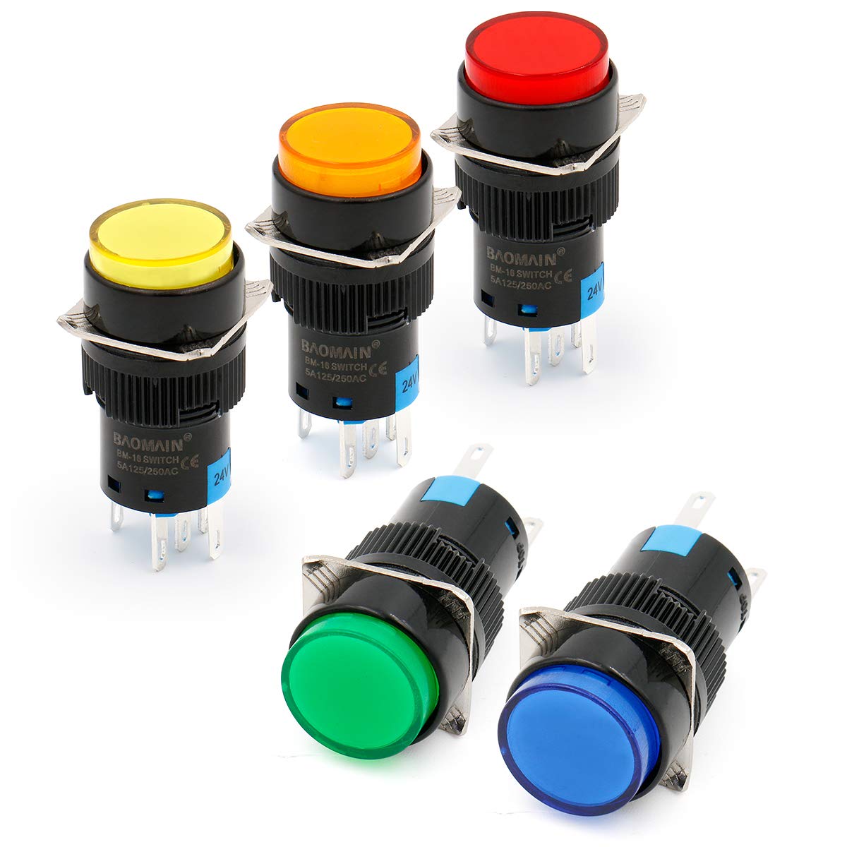 Baomain Push Button Switch Latching Round Cap LED Lamp Red Yellow Orange Blue Green Light 16mm SPDT 5 Pin 5 Pack - BAOMAIN