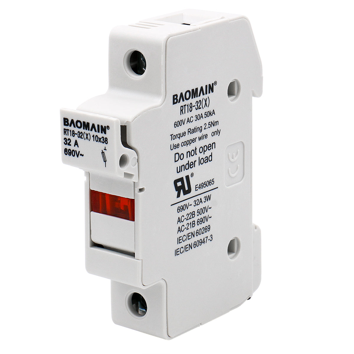 Baomain RT18-32 (X) Cylindrical Fuse Holder, 10 × 38 mm, Single-Pole, DIN-Rail, UL, Pack of 5 - BAOMAIN