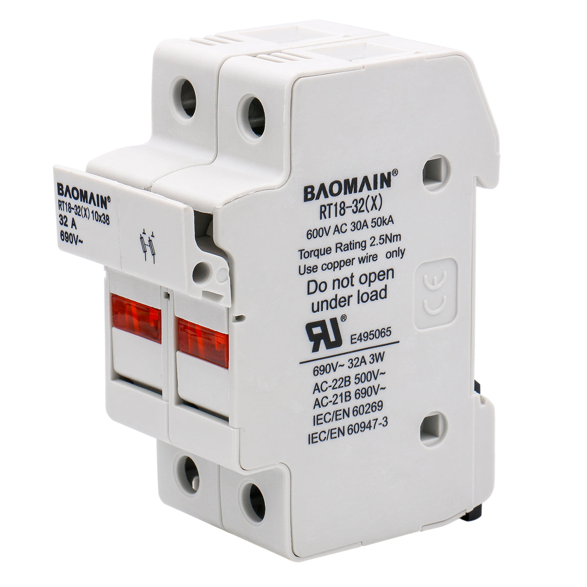 Cylindrical Fuse Holder RT18-32(X) 10*38mm Fuse Base 2 Pole 35mm DIN Rail Mount UL - BAOMAIN