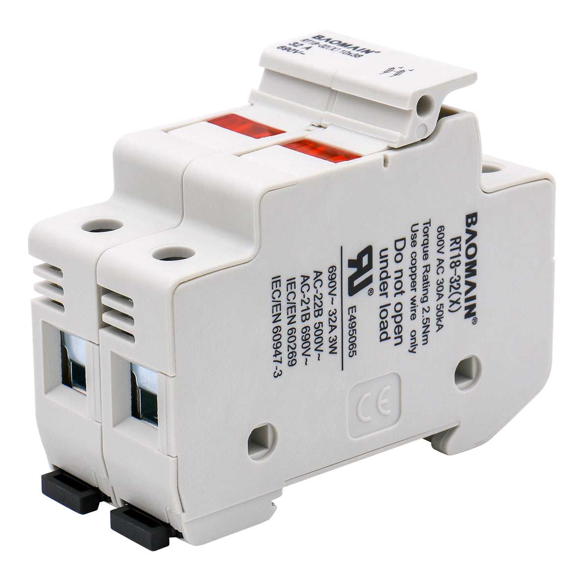 Cylindrical Fuse Holder RT18-32(X) 10*38mm Fuse Base 2 Pole 35mm DIN Rail Mount UL - BAOMAIN
