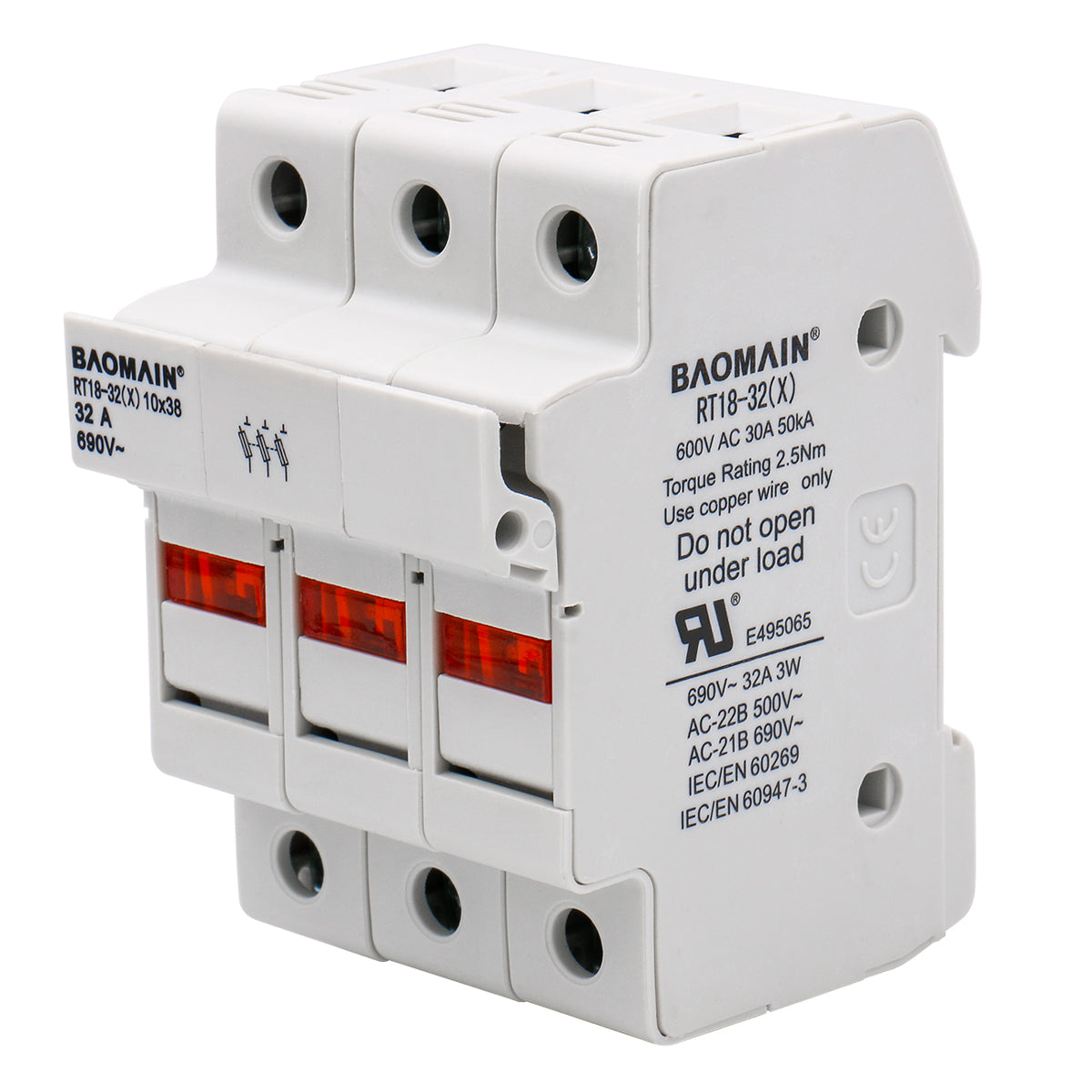 Cylindrical Fuse Holder RT18-32(X) 10*38mm Fuse Base 3 Pole 35mm DIN Rail Mount UL - BAOMAIN