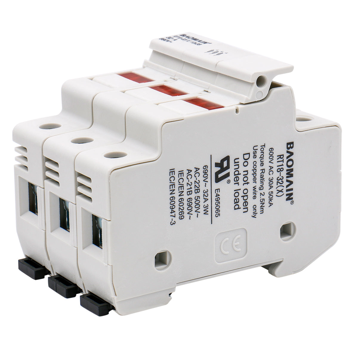Cylindrical Fuse Holder RT18-32(X) 10*38mm Fuse Base 3 Pole 35mm DIN Rail Mount UL - BAOMAIN