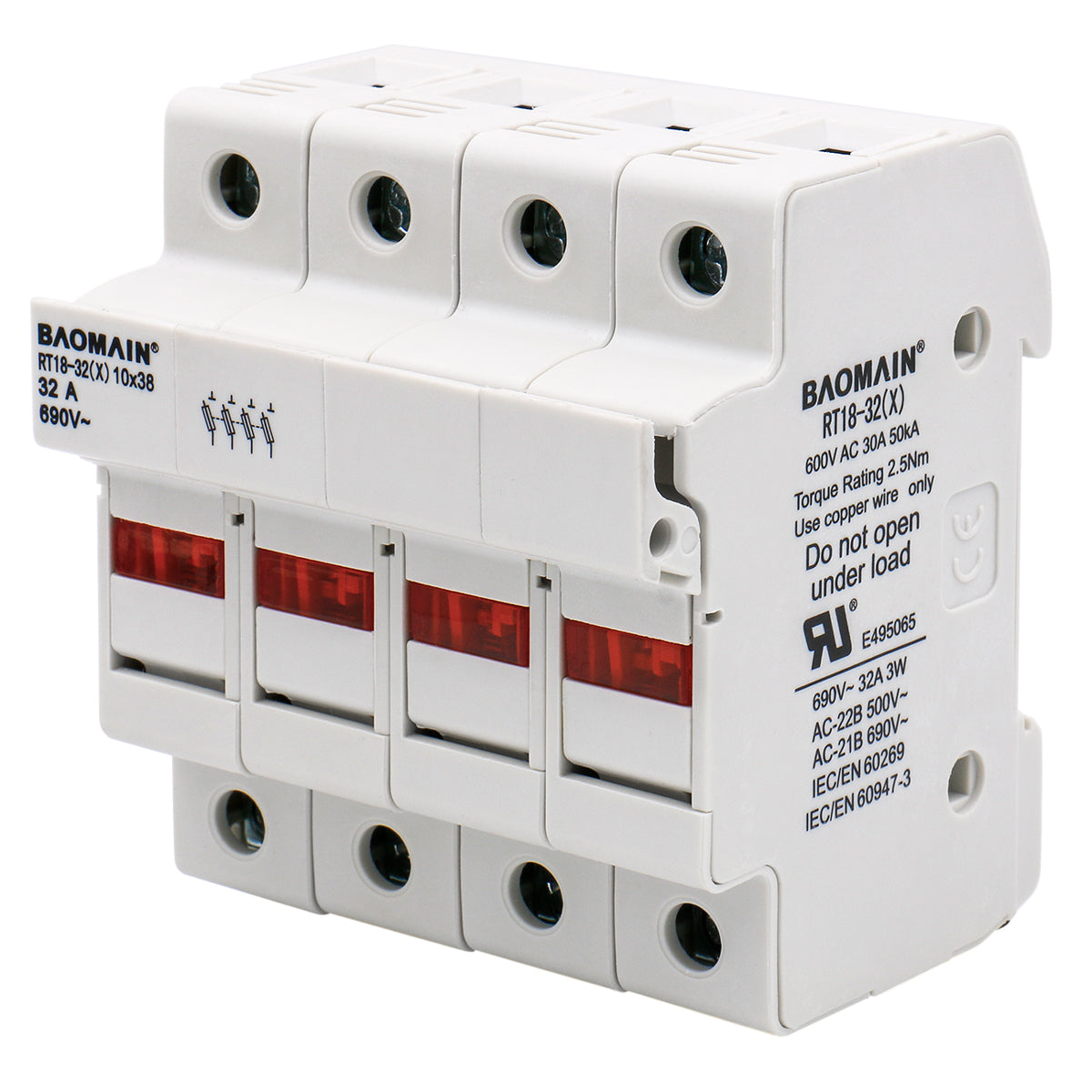 Cylindrical Fuse Holder RT18-32(X) 10*38mm Fuse Base 4 Pole 35mm DIN Rail Mount UL - BAOMAIN