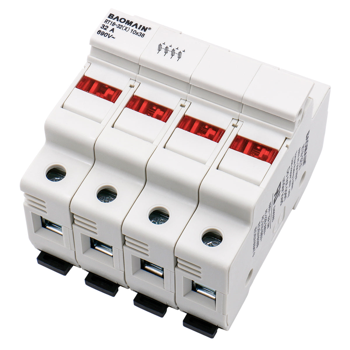 Cylindrical Fuse Holder RT18-32(X) 10*38mm Fuse Base 4 Pole 35mm DIN Rail Mount UL - BAOMAIN