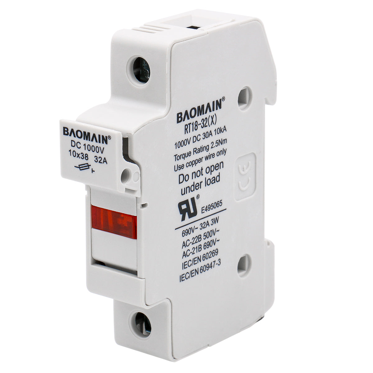 Cylindrical Fuse Holder RT18-32(X) 10*38mm 1000VDC 30A 10kA Fuse Base Single Pole 35mm DIN Rail Mount UL Pack of 5 - BAOMAIN