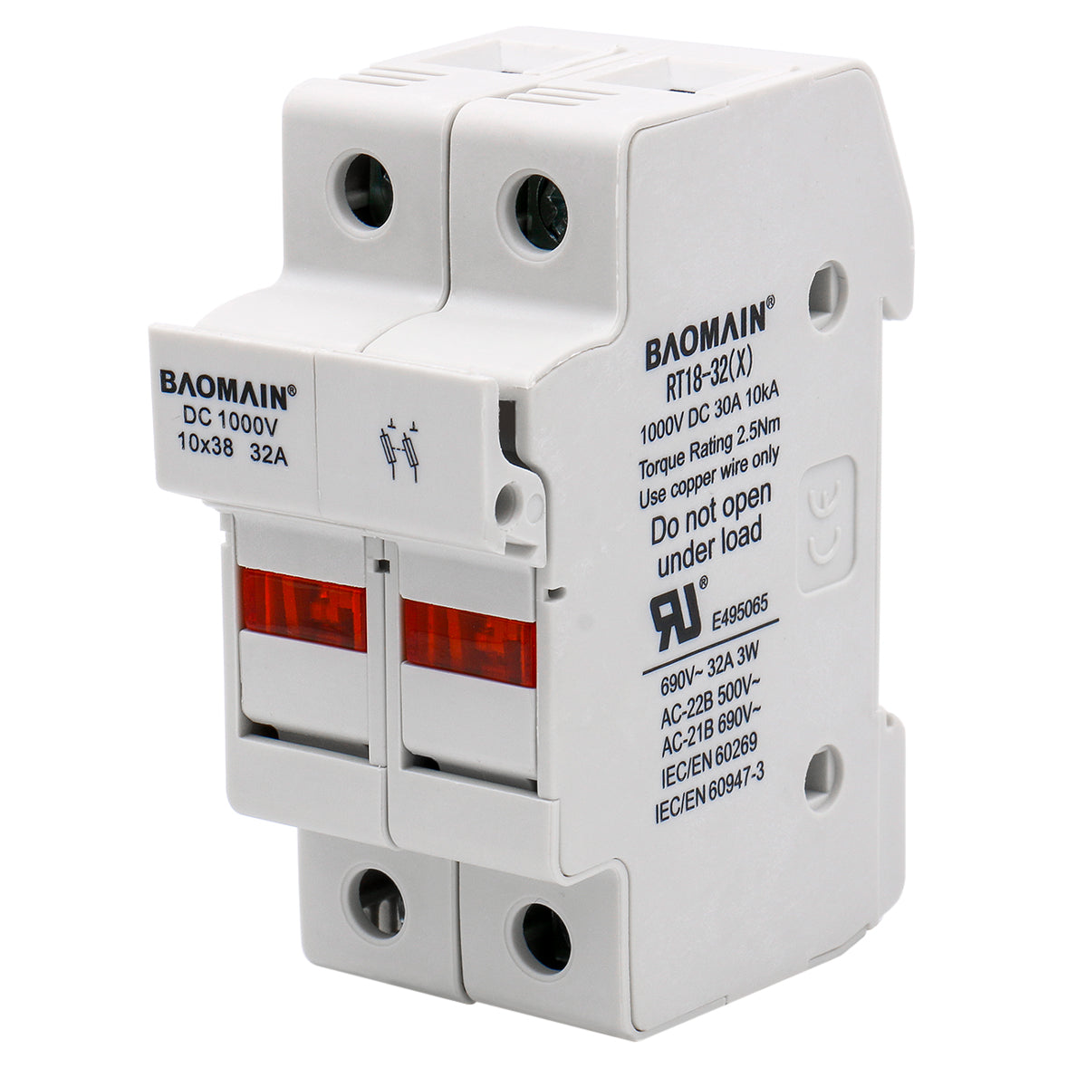 Cylindrical Fuse Holder RT18-32(X) 10*38mm 1000VDC 30A 10kA Fuse Base 2 Pole 35mm DIN Rail Mount UL - BAOMAIN