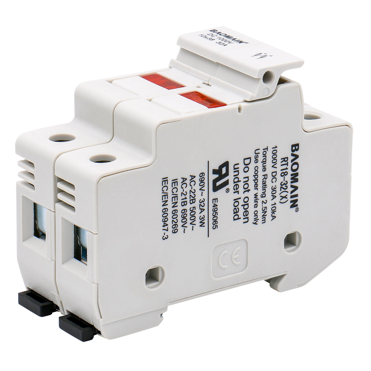 Cylindrical Fuse Holder RT18-32(X) 10*38mm 1000VDC 30A 10kA Fuse Base 2 Pole 35mm DIN Rail Mount UL - BAOMAIN