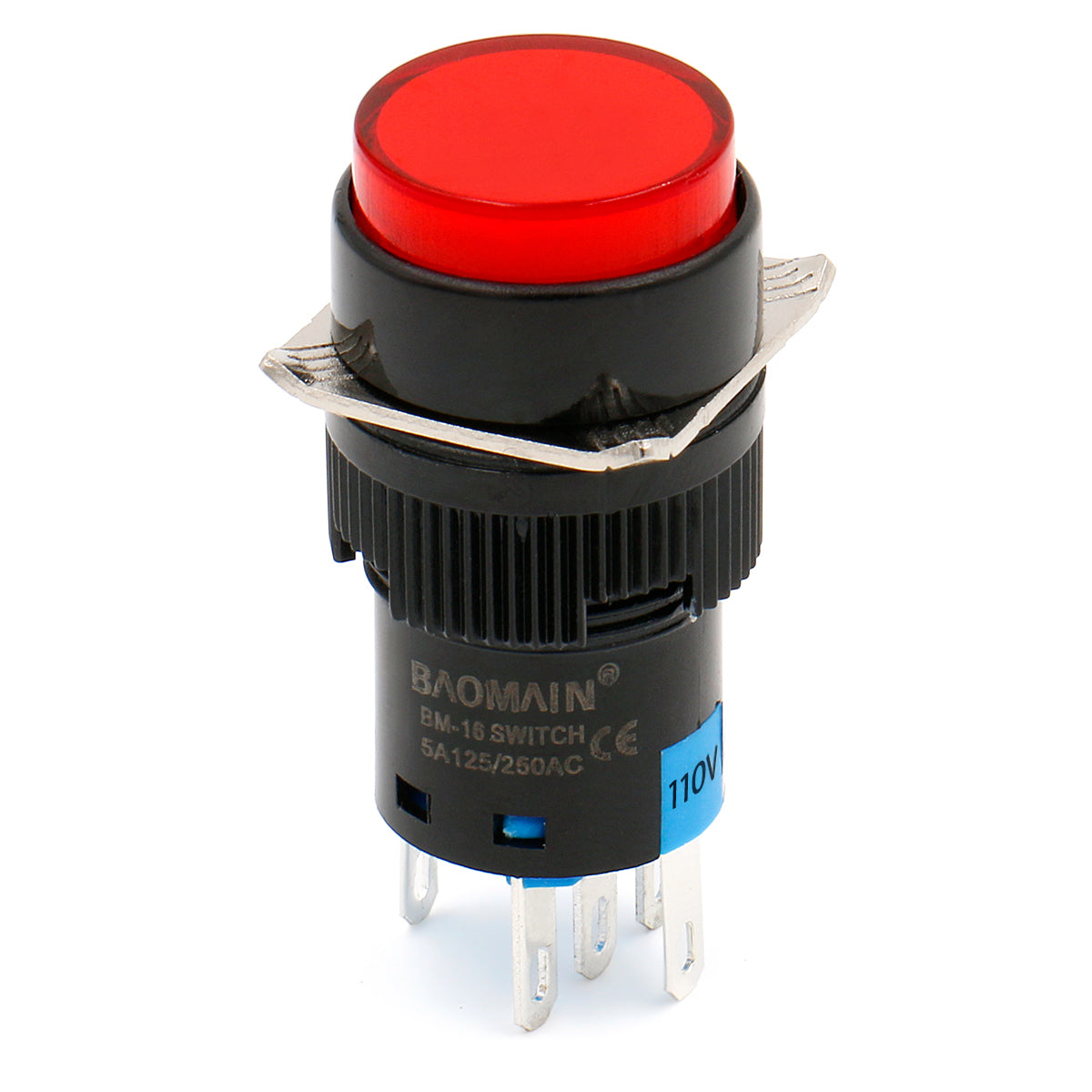 Baomain 16 mm roter Rast-/Dauer-Druckknopfschalter, runde Kappe, 12 V/24 V/110 V/220 V, rote LED-Lampe, SPDT, 5-polig, 5 Stück