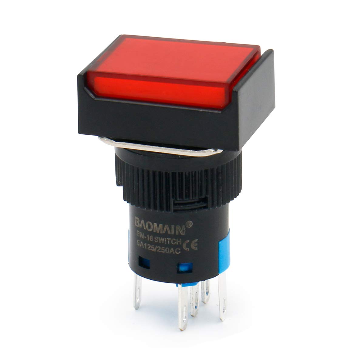 Baomain 16mm Red Momentary Push Button Switch Rectangular Cap Red LED Lamp SPDT 5 Pin Pack of 5 - BAOMAIN