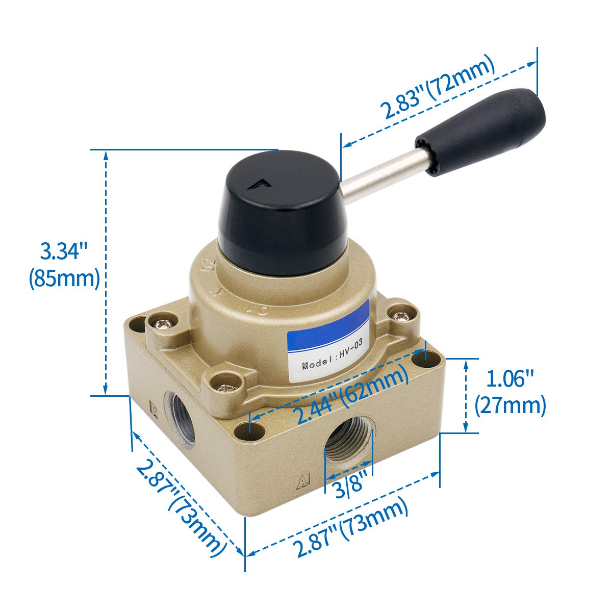 Rotary Lever Hand Valve HV-03 PT3/8 3 Position 4 Way Pneumatic Air Flow Control - BAOMAIN
