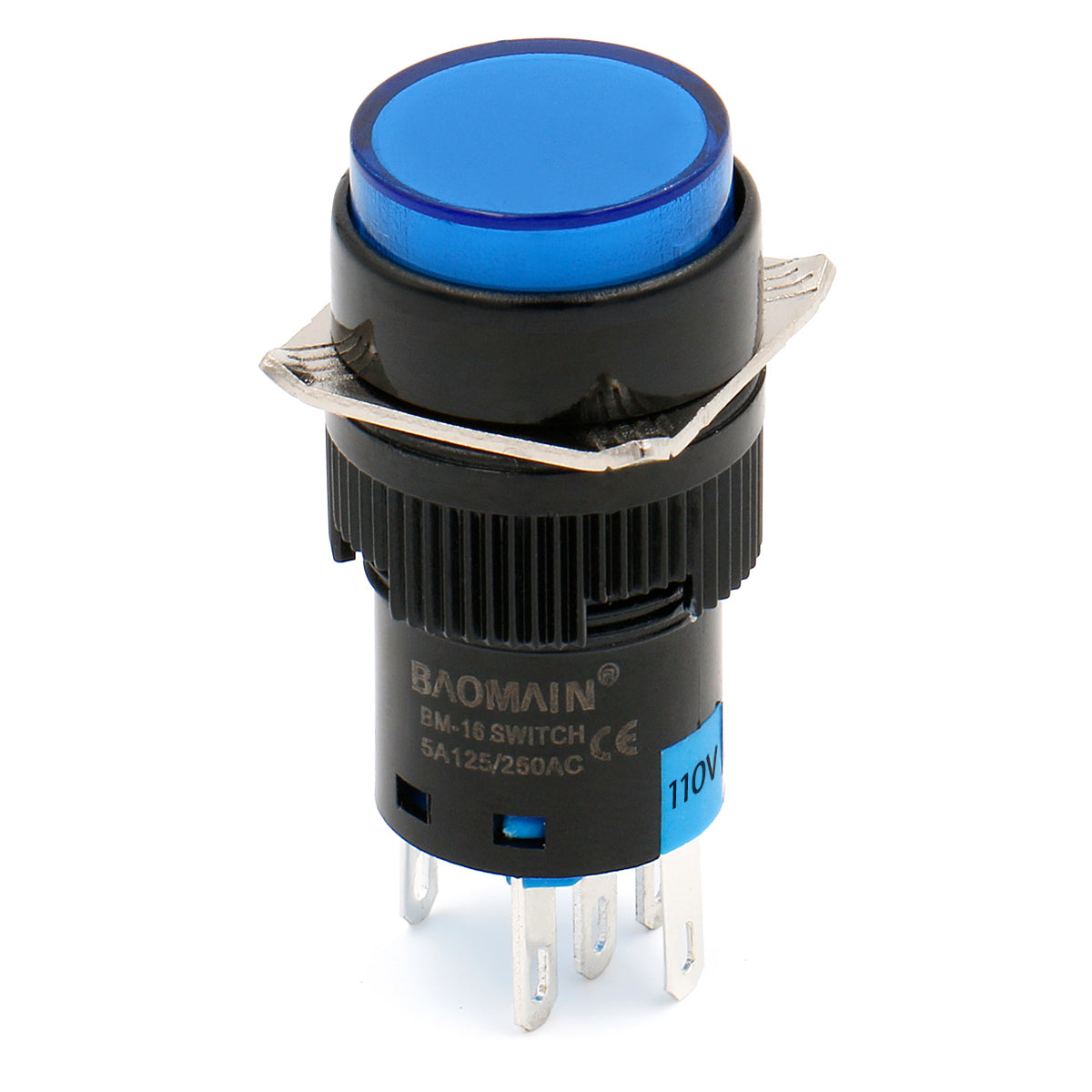 Baomain 16 mm blauer Rast-/Dauer-Druckknopfschalter, runde Kappe, 12 V/24 V/110 V/220 V, blaue LED-Lampe, SPDT, 5-polig, 5 Stück
