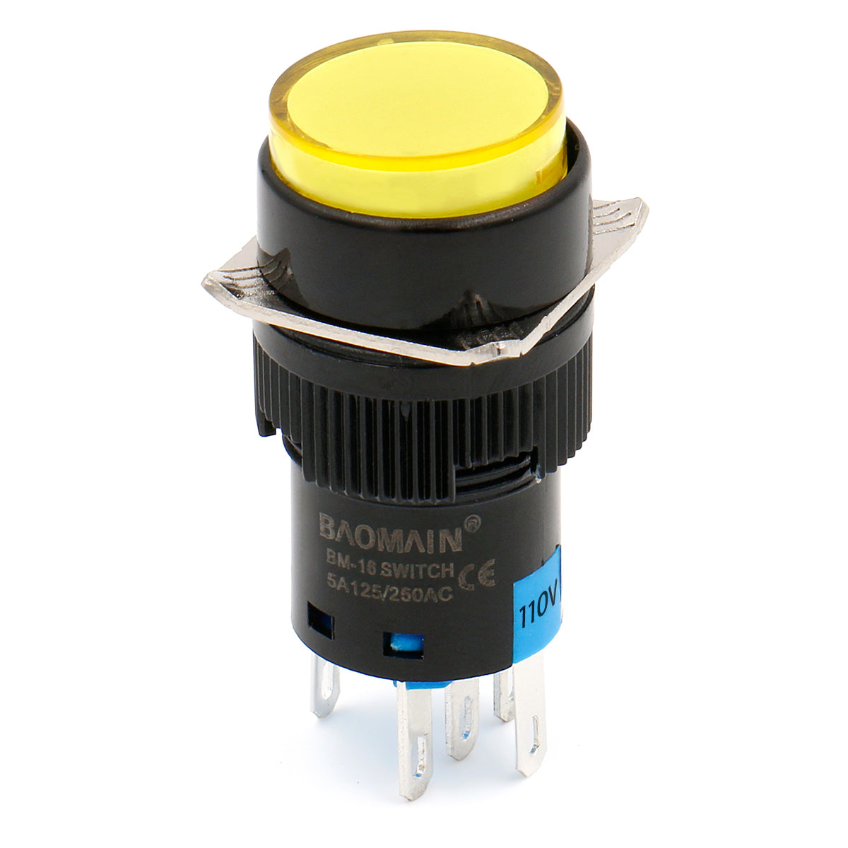 Baomain 16 mm gelber Rast-/Dauer-Druckknopfschalter, runde Kappe, 12 V/24 V/110 V/220 V, gelbe LED-Lampe, SPDT, 5-polig, 5 Stück
