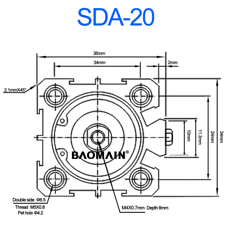 Baomain Compact Thin Pneumatic Air Cylinder SDA 20 Series 20mm Bore Double Action M5 Port - BAOMAIN