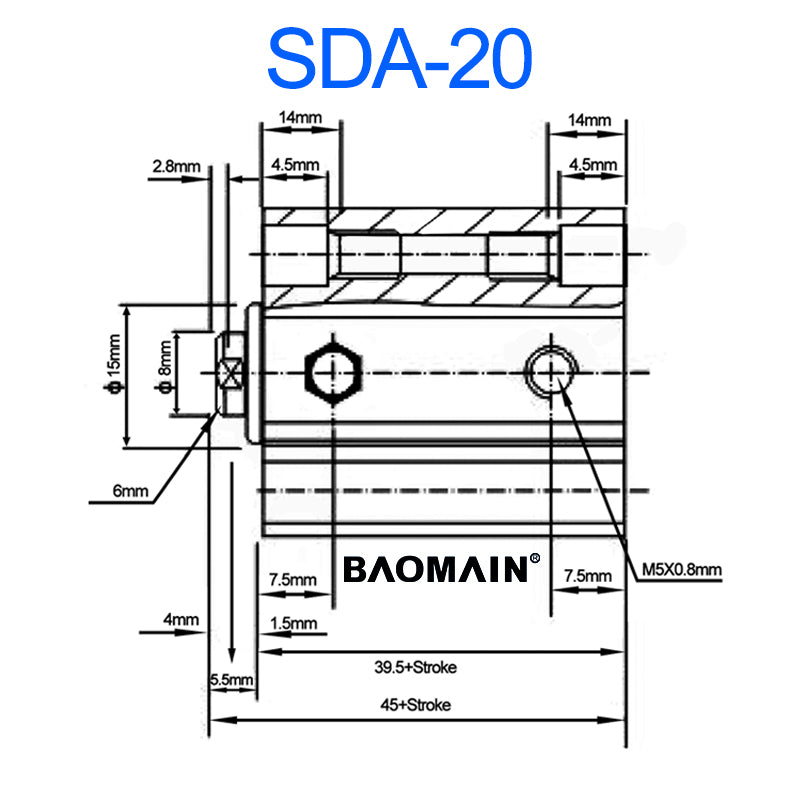 Baomain Compact Thin Pneumatic Air Cylinder SDA 20 Series 20mm Bore Double Action M5 Port - BAOMAIN