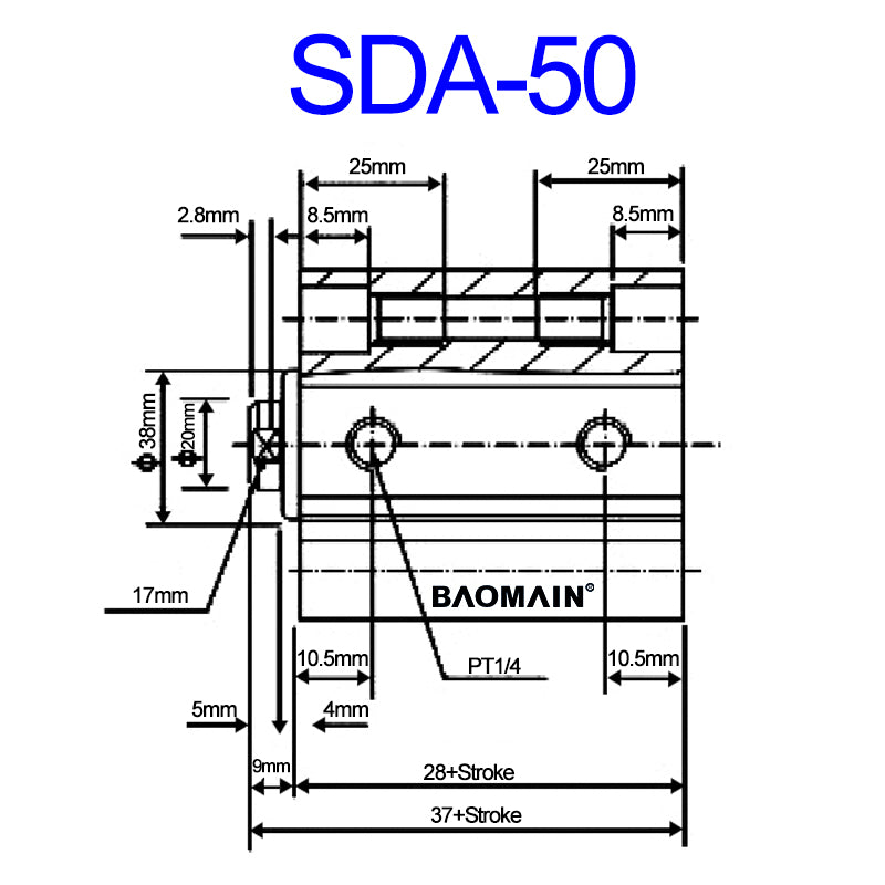 Baomain Compact Thin Pneumatic Air Cylinder SDA-50 Series 50mm Bore Double Action PT1/4 Port with 2 Fitting - BAOMAIN