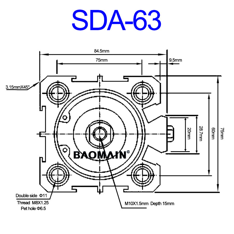 Baomain Compact Thin Pneumatic Air Cylinder SDA-63 Series 63mm Bore Double Action PT1/4 Port with Fittings Pack of 2 - BAOMAIN