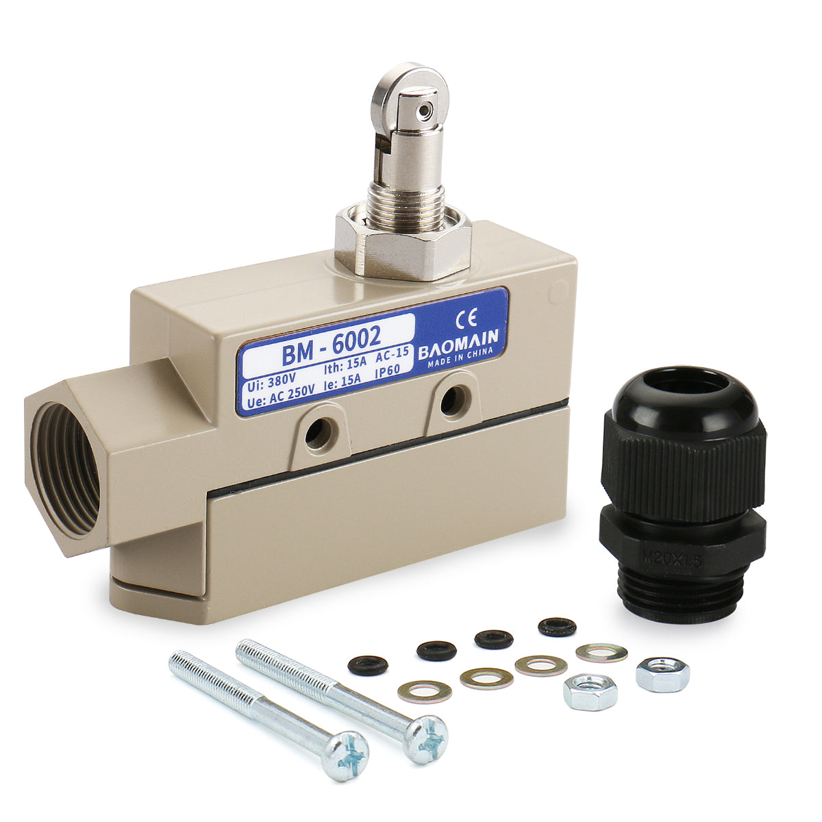 Baomain Sealed Limit Switch BM-6002 Parallel Roller Plunger AC 250V 15A IP 65 - BAOMAIN