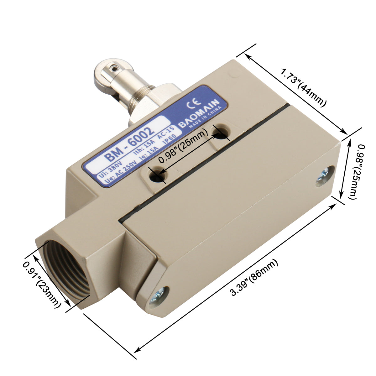 Baomain Sealed Limit Switch BM-6002 Parallel Roller Plunger AC 250V 15A IP 65 - BAOMAIN