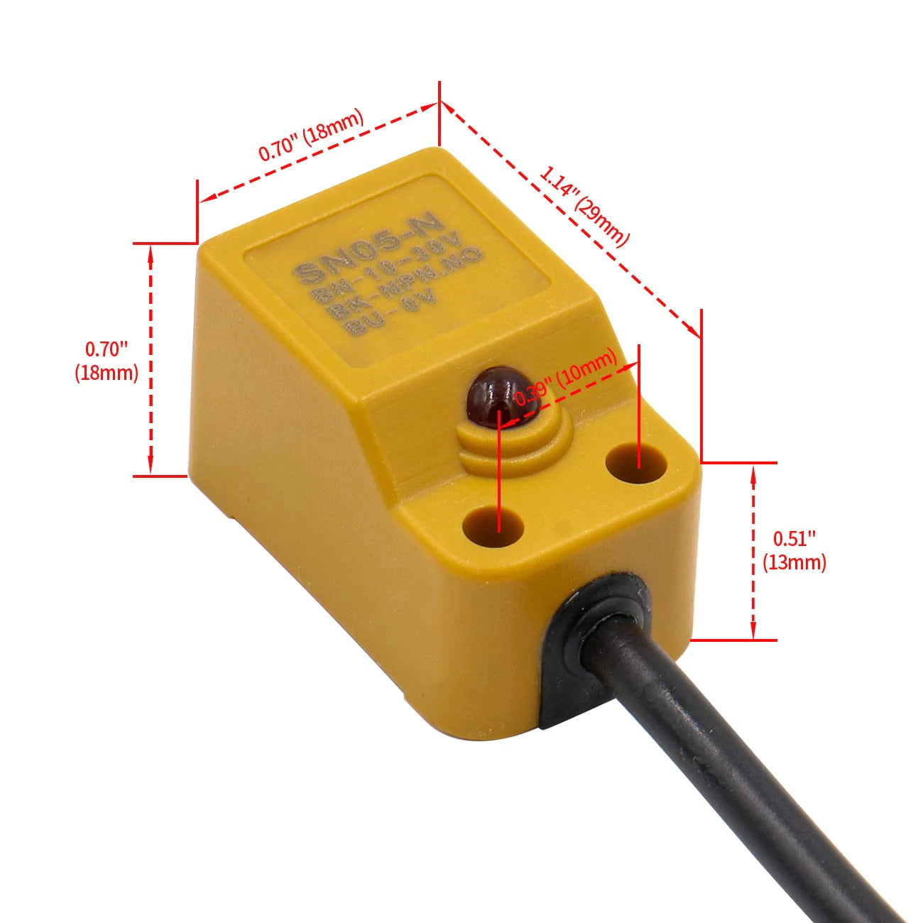 Baomain Quadratischer induktiver Näherungssensorschalter, nicht abgeschirmter Typ SN05-N, Detektorabstand 5 mm, 10–30 VDC, 200 mA, NPN, normalerweise offen (NO), 3-adrig