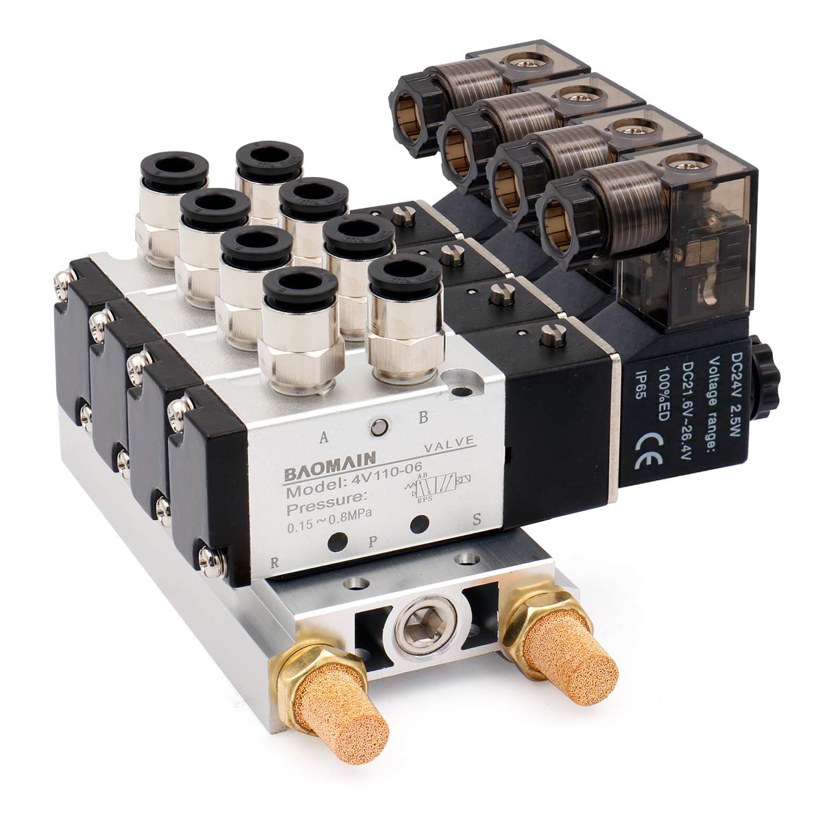 Baomain 4 Space Pneumatic 1/8"PT Solenoid Valve 4V110-06 12V/24V/110V/220V Single Coil Pilot-Operated Electric 2 Position 5 Way Connection Type with Base Muffler - BAOMAIN