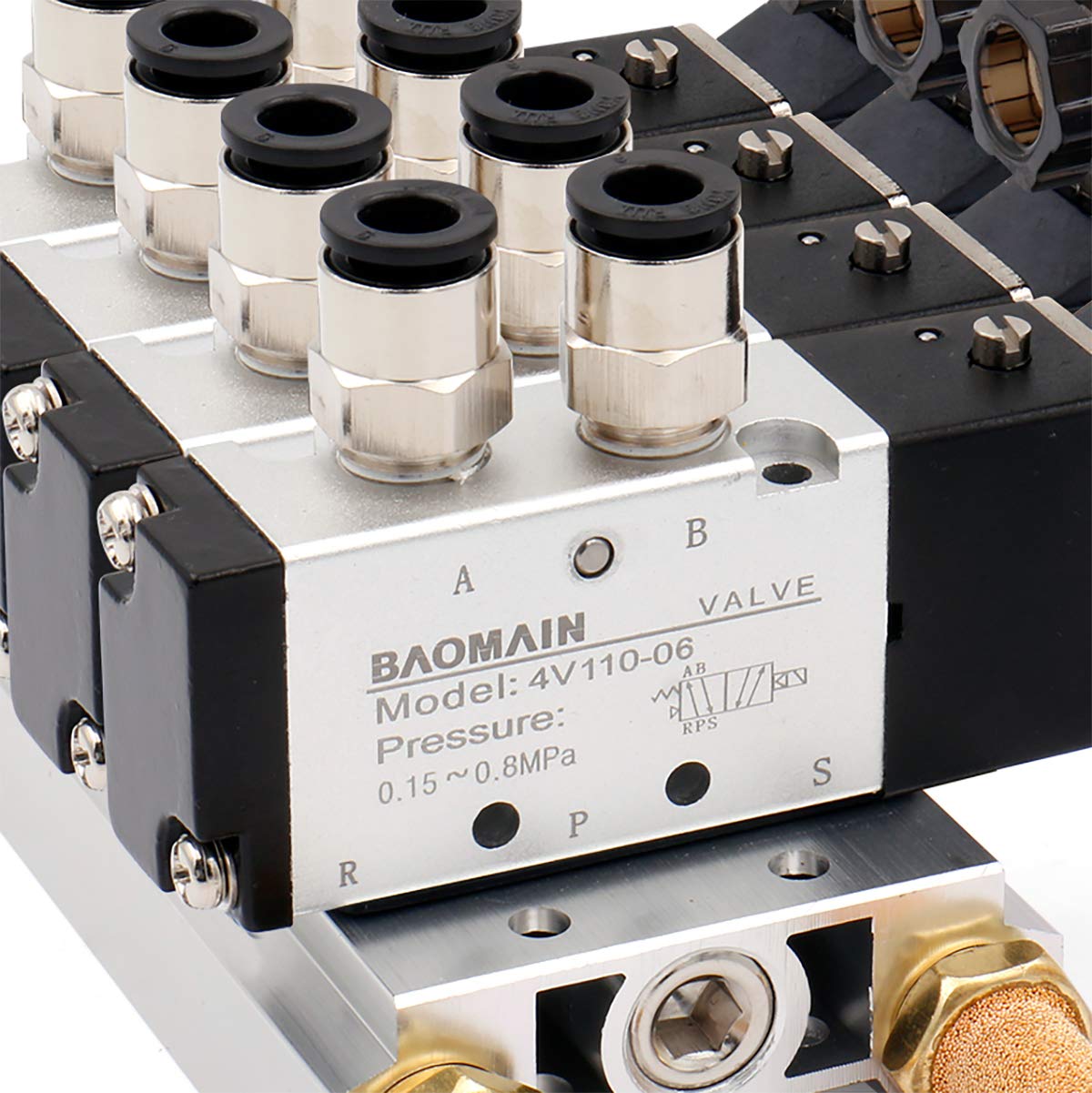 Baomain 4 Space Pneumatic 1/8"PT Solenoid Valve 4V110-06 12V/24V/110V/220V Single Coil Pilot-Operated Electric 2 Position 5 Way Connection Type with Base Muffler - BAOMAIN