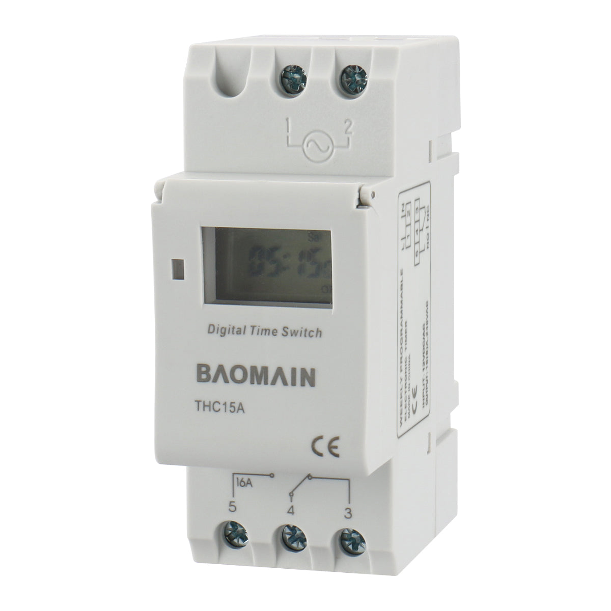 Baomain THC15A Programmable Digital Timer Relay – 16A SPST, LCD Display, DIN Rail Mount
